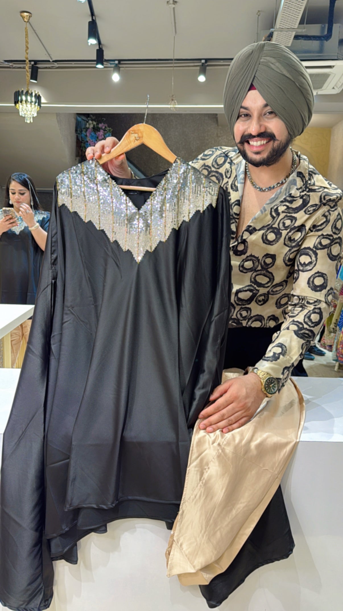 Black Imported Satan Designer Butterfly Coordset with Heavy Sequins work on neck