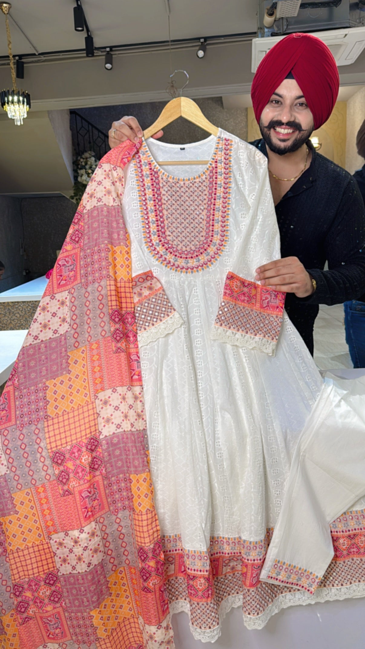 Moon White & Multicolored pure Cotton Heavy Embroidered & Shifli Work Full Flair Summerish Anarkali Suit with Beautiful printed Duppata