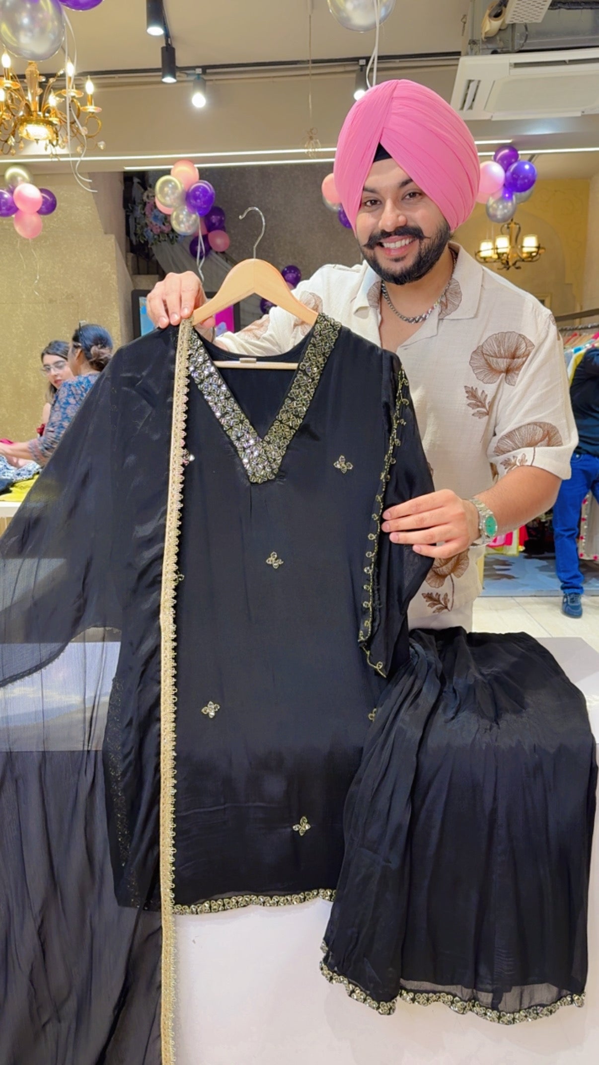 Black Chinon Hand embroidered Party Wear Full Flair Sharara Set