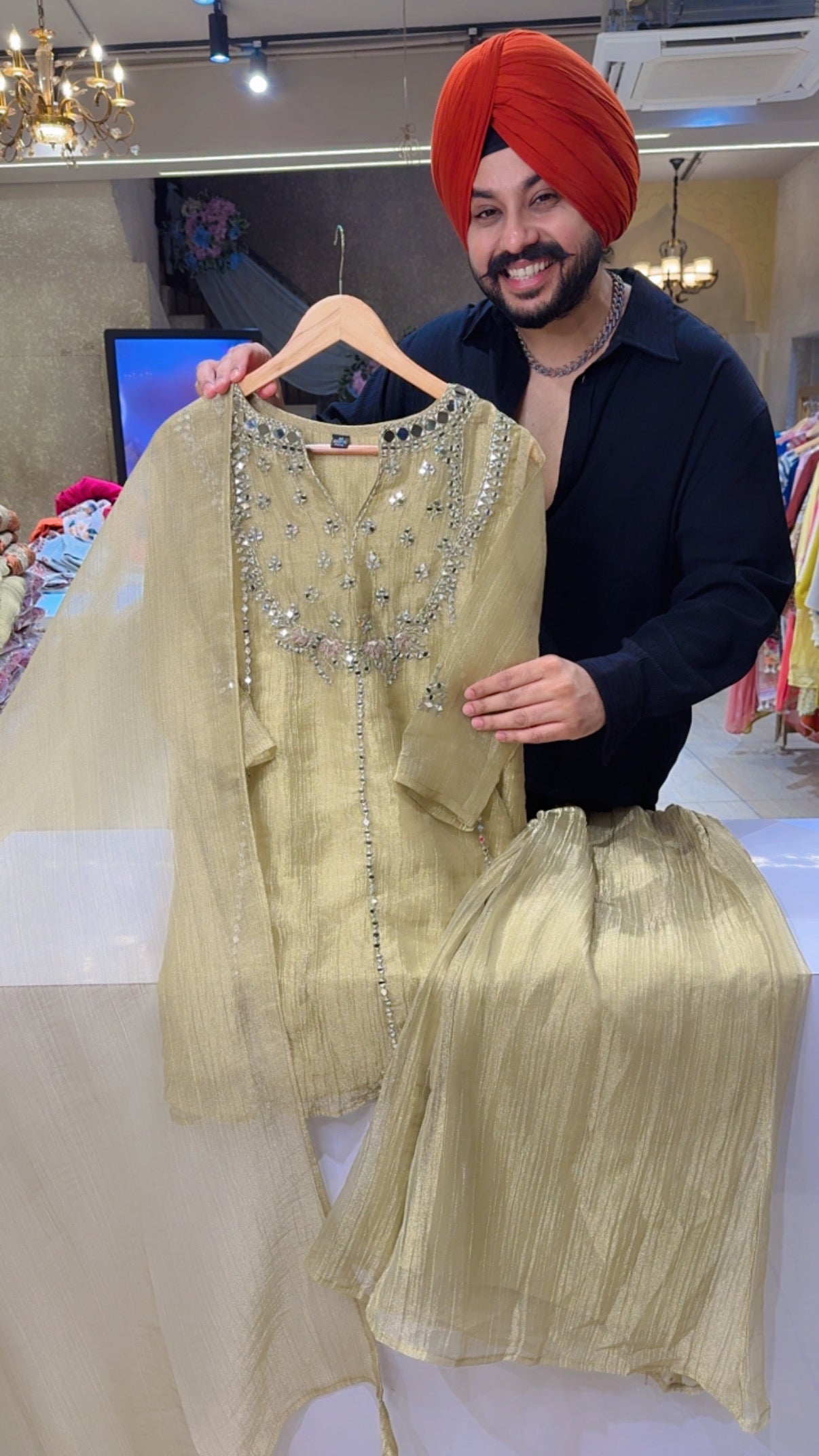 English Gold Crush Shimmer Tissue Mirror Embroidered Paplum Plazo suit
