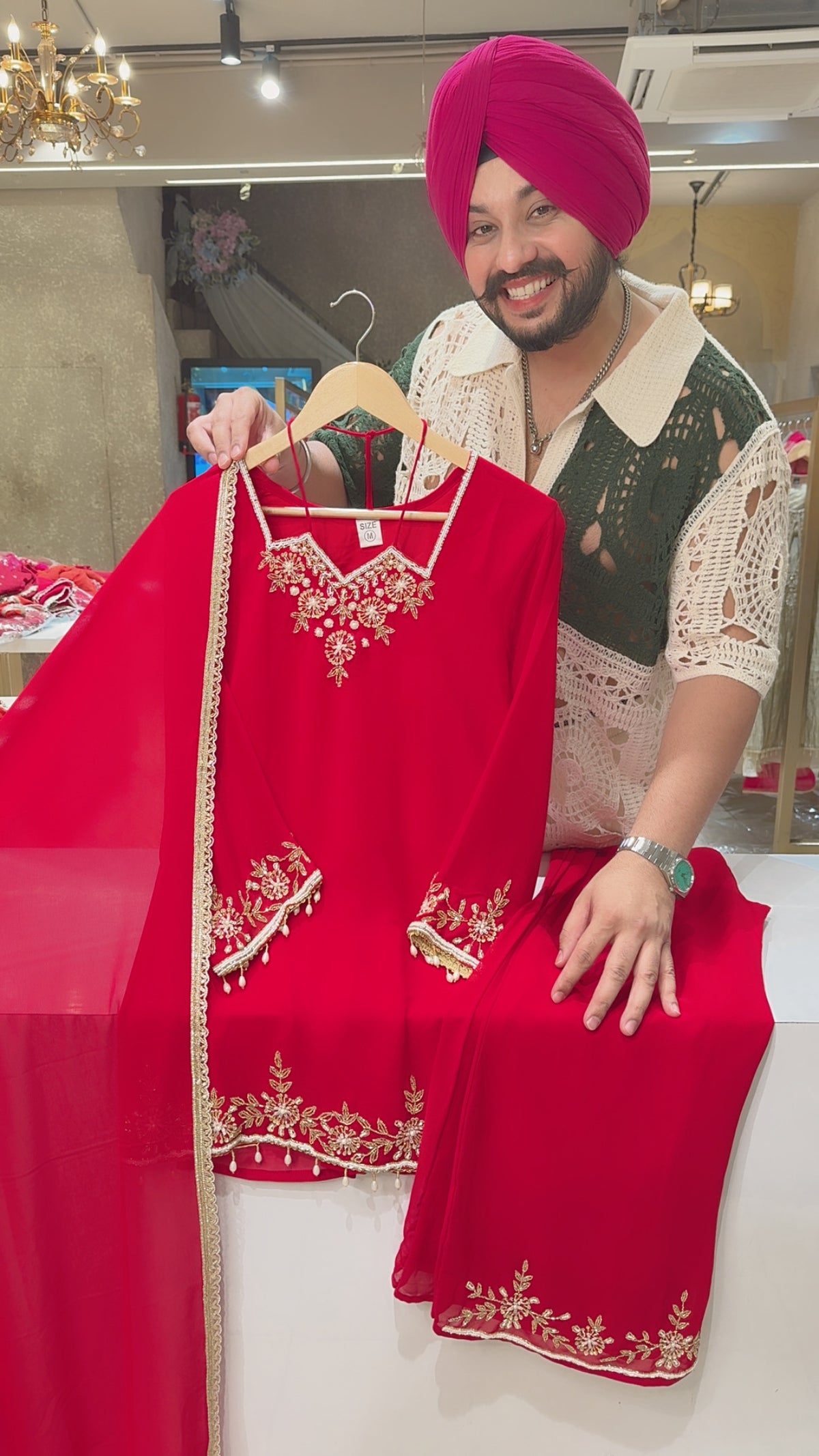 Red Georgette Hand embroidered Designer Neck Indowestern Suit