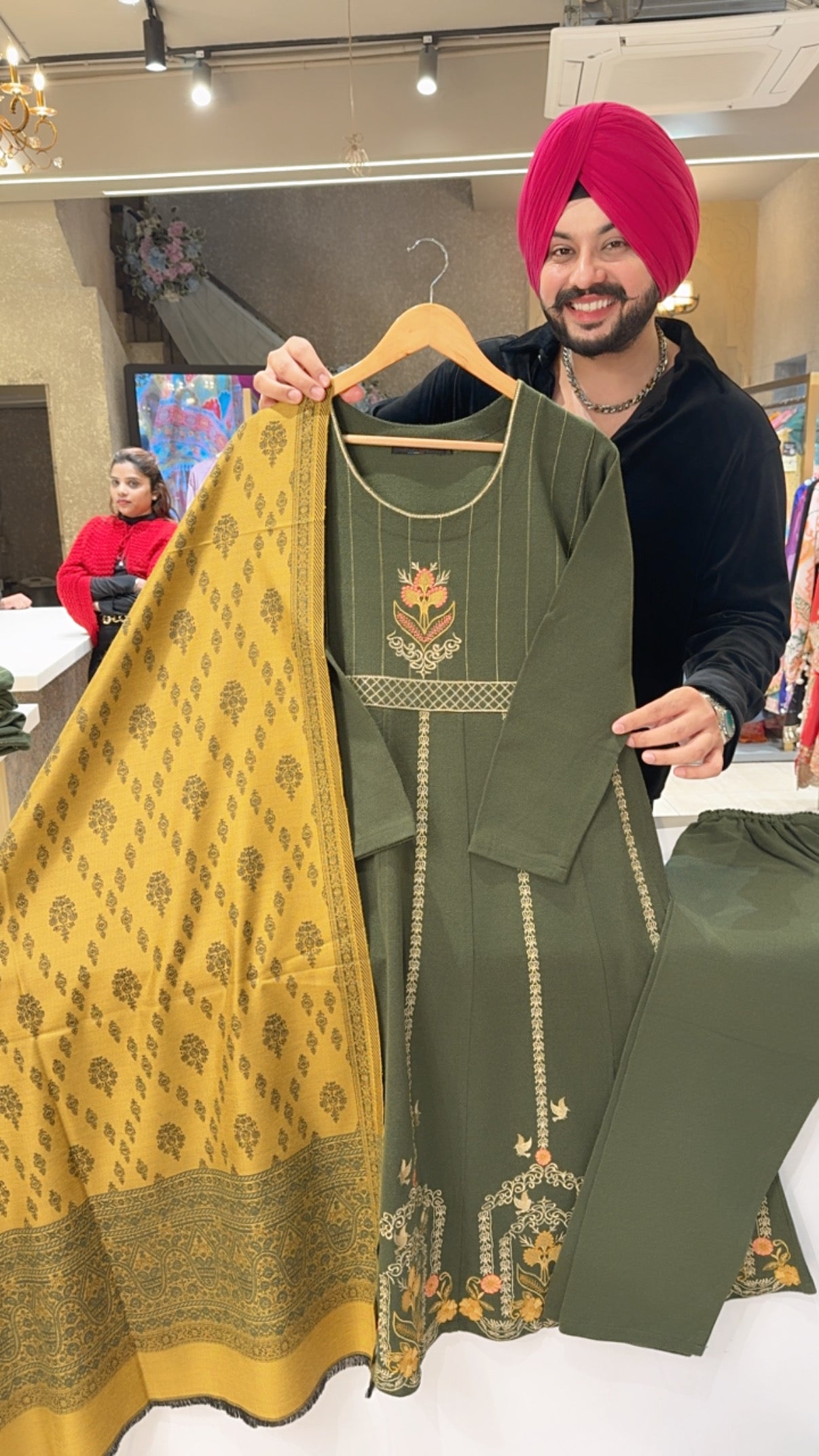 Dark Leaf Green Embroidered Woolen Anarkali Suit with Beautiful Banarsi look Duppata