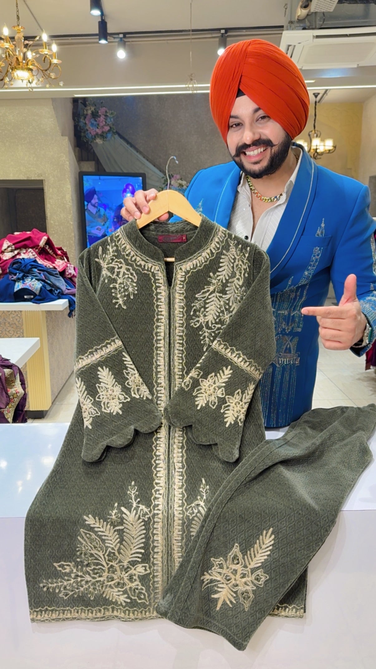 Olive green Imported Woolen Embroidered Long Length Coord set with Embroidered Pants