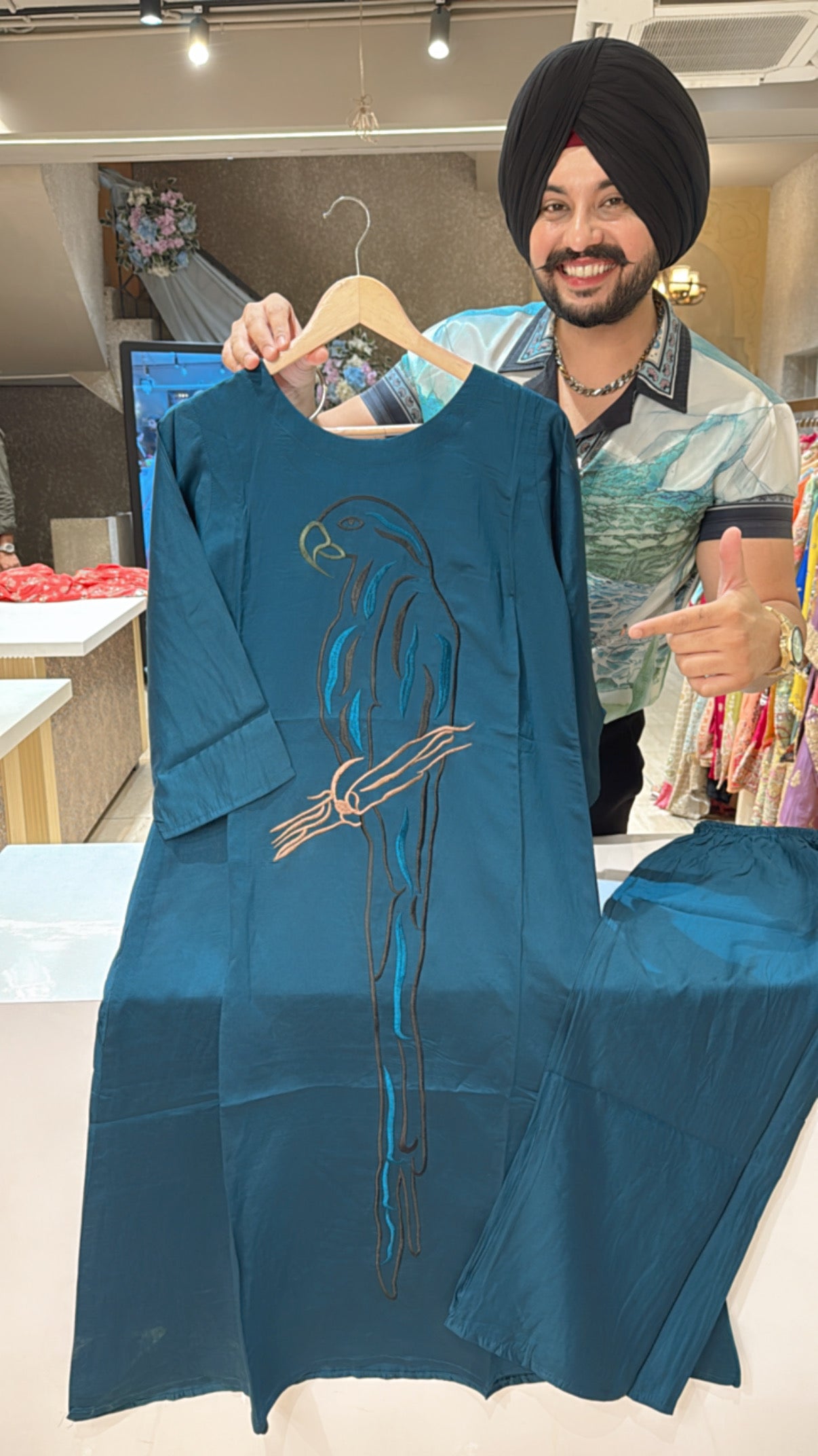Peacock Soft Silk A-line Parrot Embroidered Coord set