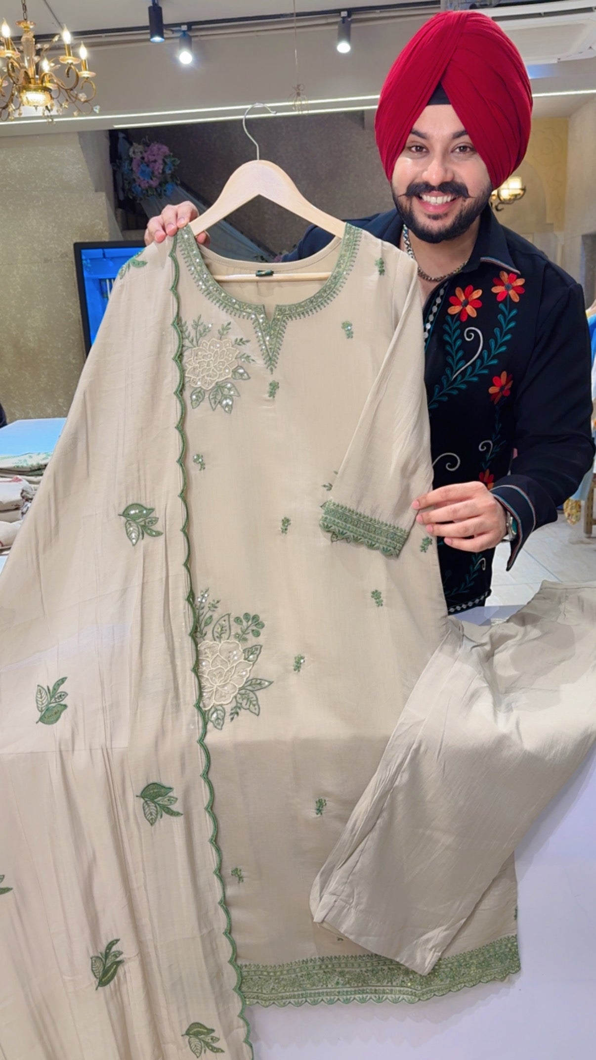 English Beige & Green Mal Chanderi Beautiful Embroidered Semi Formal Straight Suit
