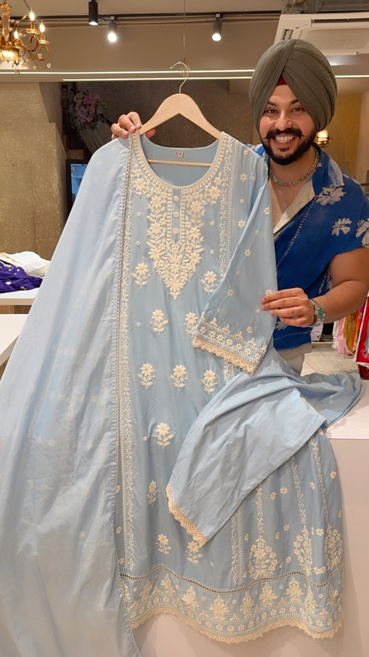 Powder Blue Pure Cotton Fully embroidered Summerish Anarkali Suit