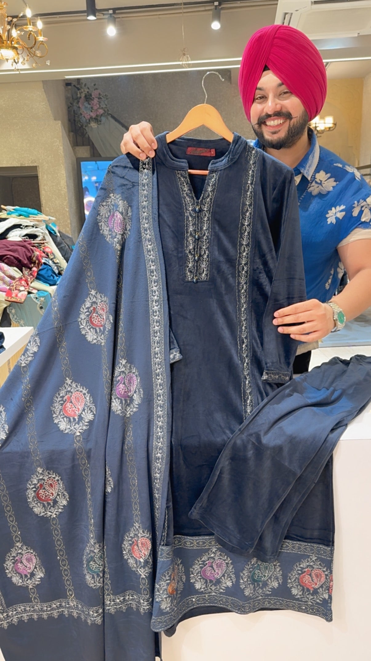 Dark Blue Matt Velvet party wear A-line Suit with heavy embroidered Duppata