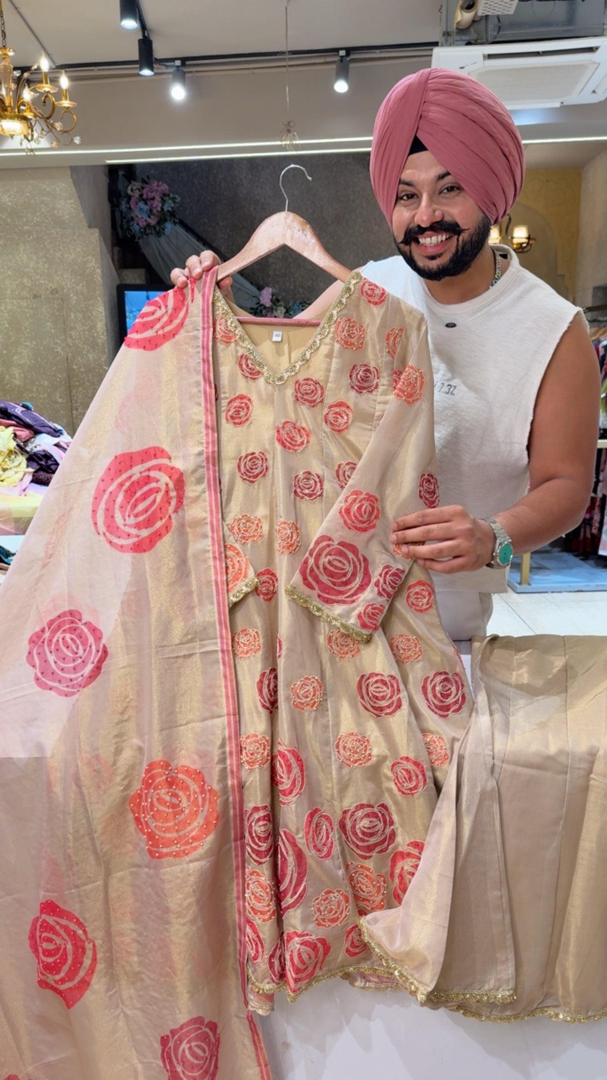 Goldenish Beige & Gajri Shimmer Silk Full Embroidered & Beats Pasting Anarkali Suit with Stylish Bell Botton