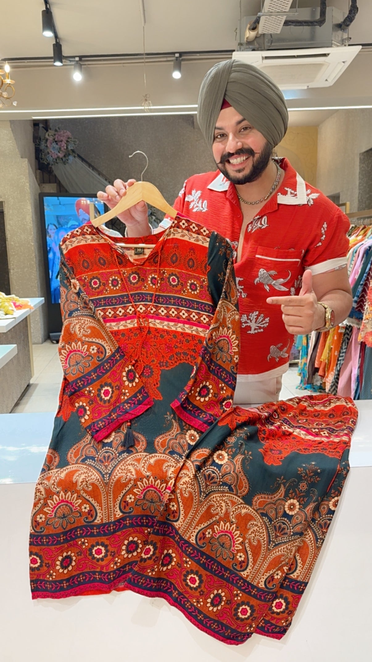 Orange & Multicoloured Rayon Ajrak print Long Length Coord set