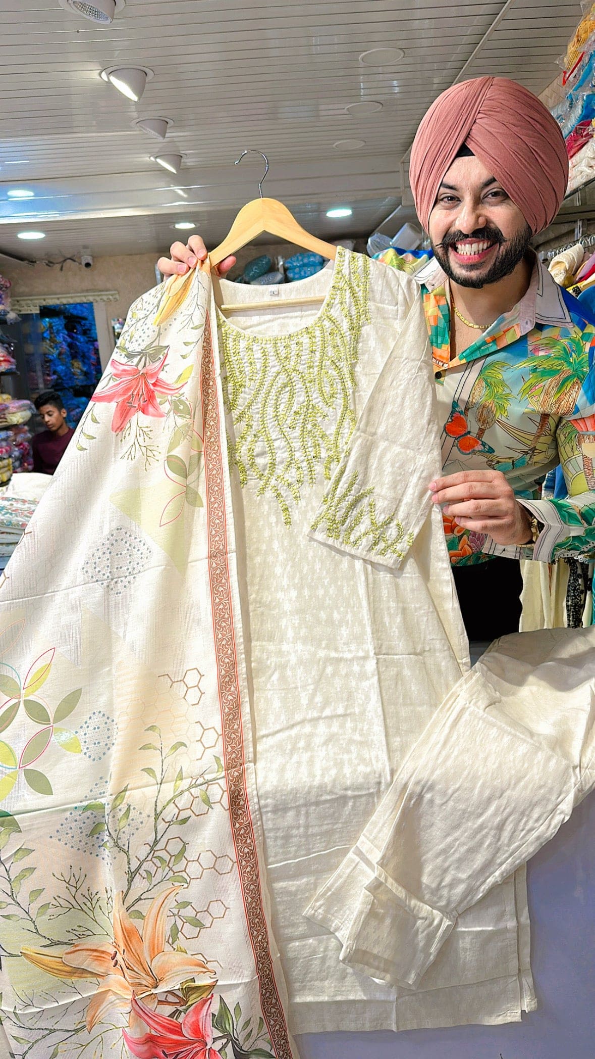 Off white pure Cotton Hand embroidered Suit with Beautiful muslin silk suit