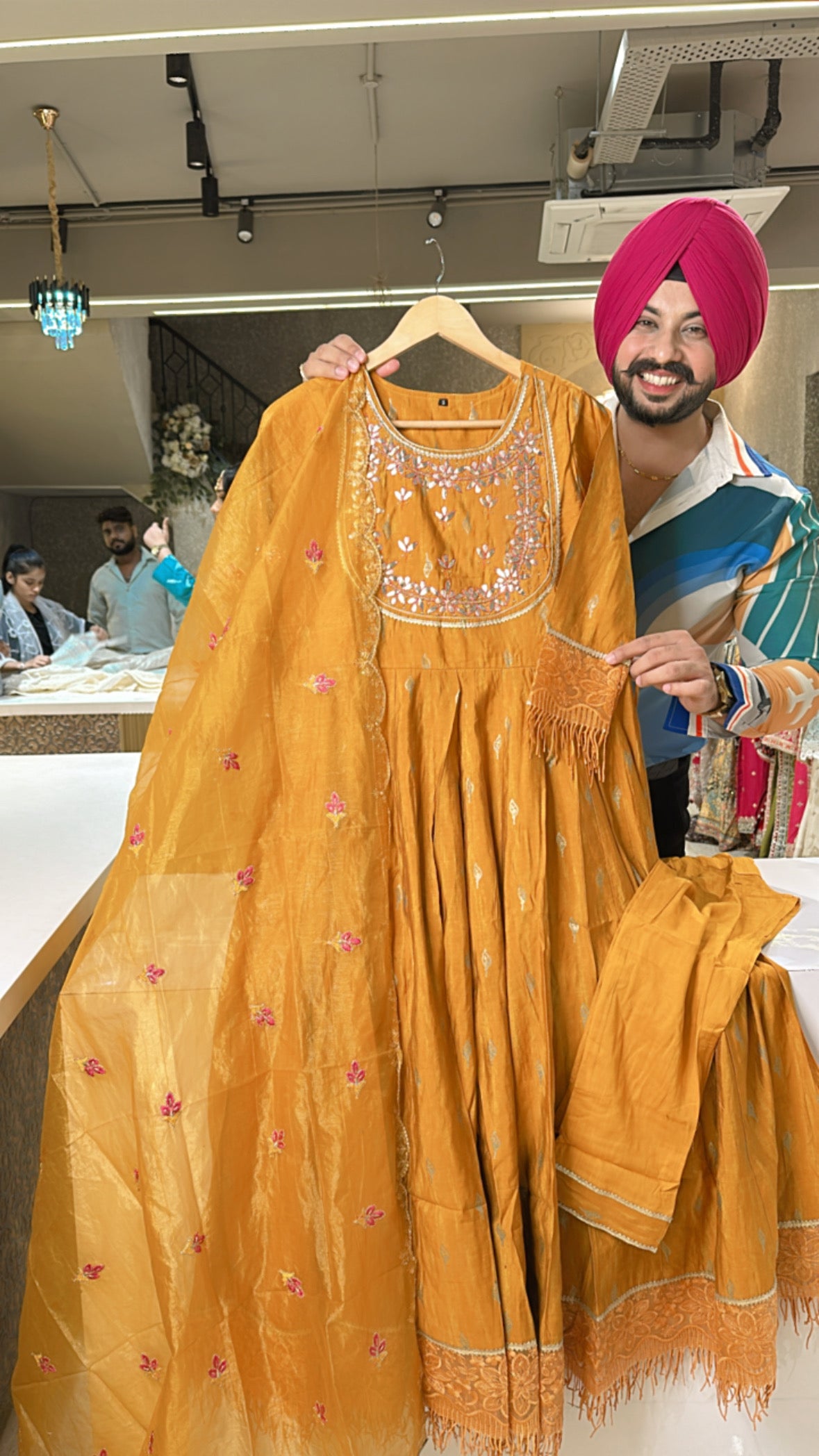 Mustard yellow Roman Silk Full Flair Anarkali Suit with Shimmer tissue Duppata