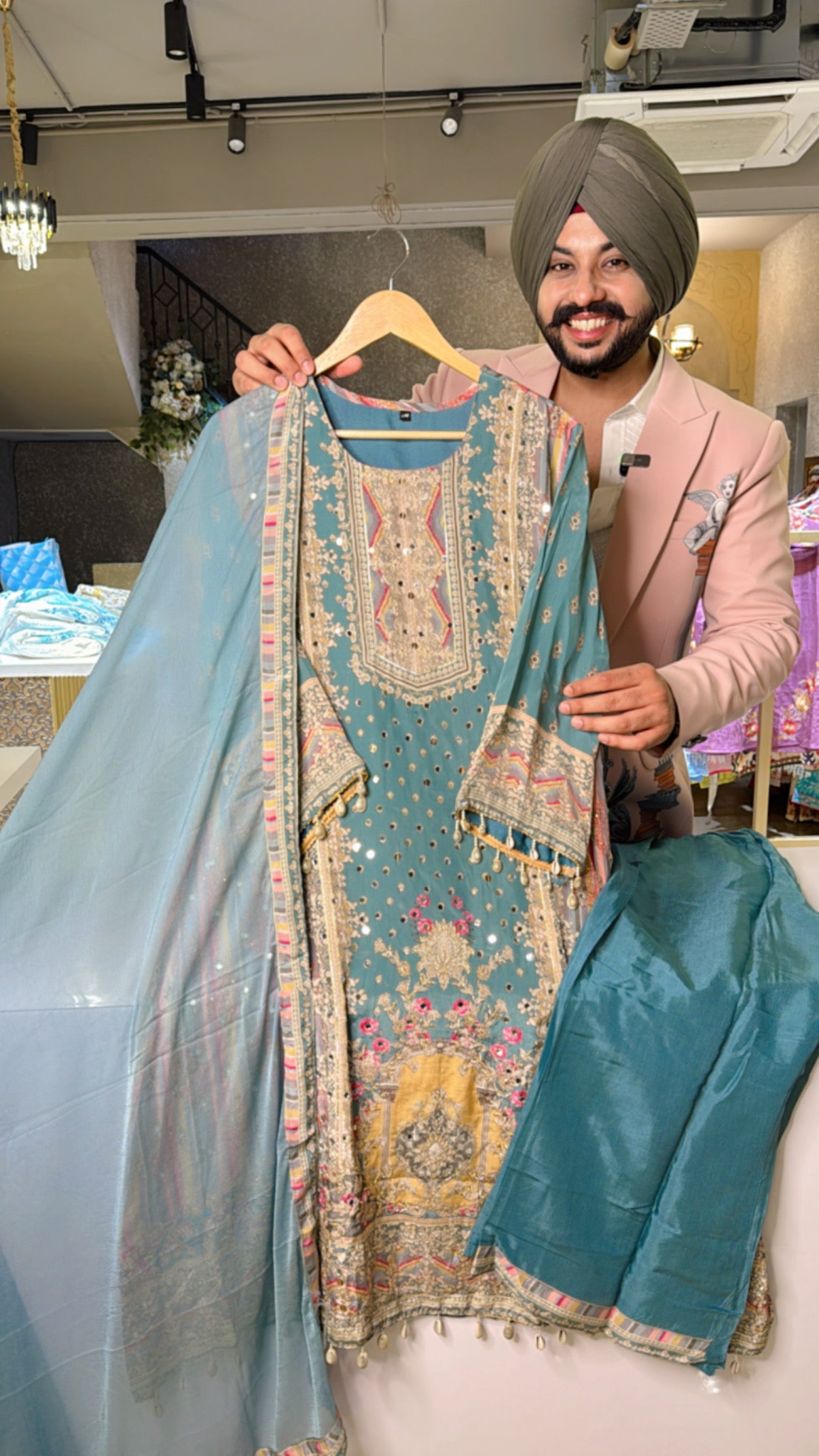 Sea Blue Soft Crepe Heavy embroidered & Shell Hangings A-line Suit with Chiffon Duppata