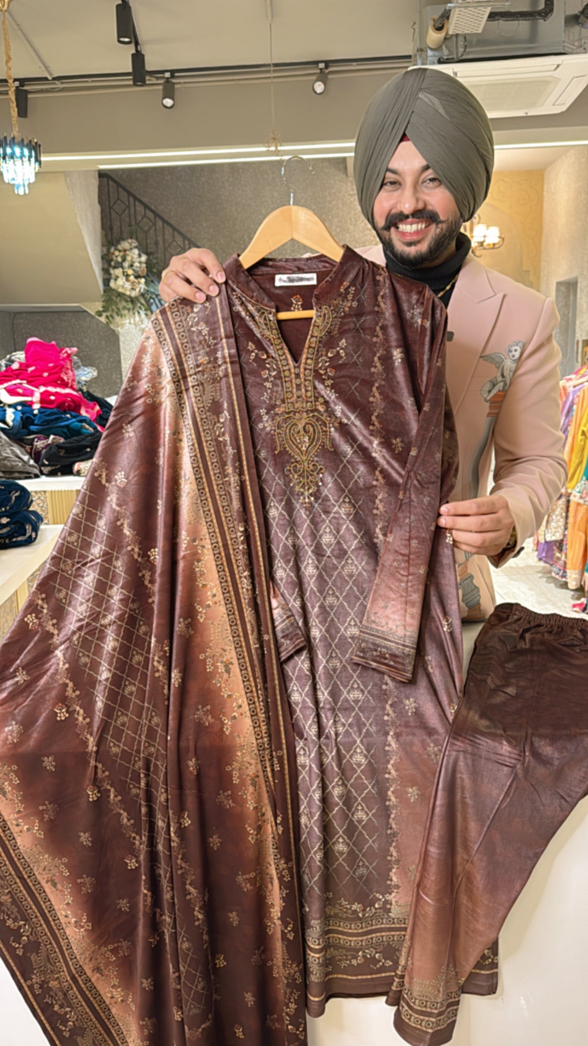Chocolate brown Premium Strechable digital print Straight Suit