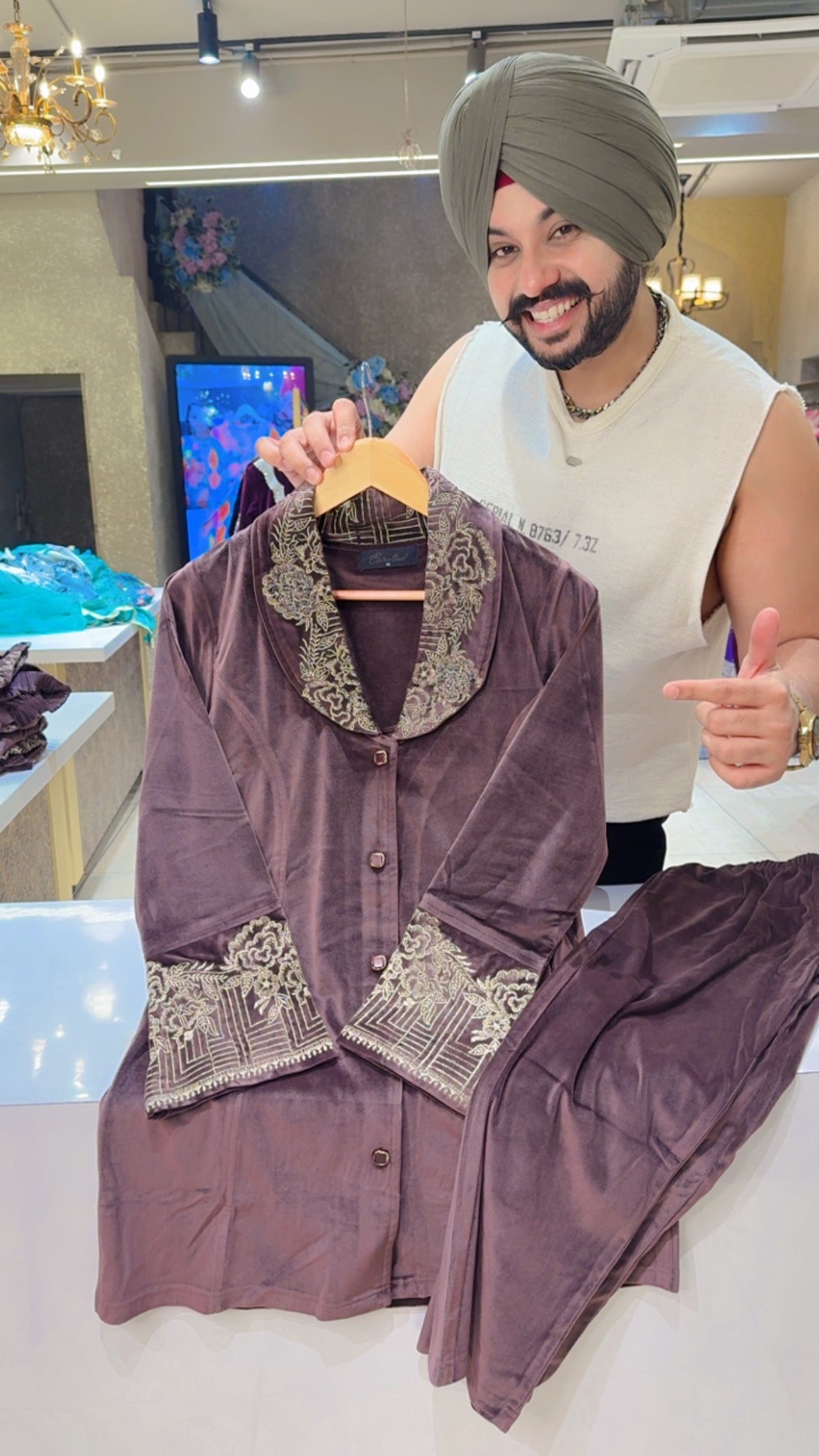 English Chocolate Brown Heavy Stretchable Velvet Party Wear Collar Neck Embroidered Coord set