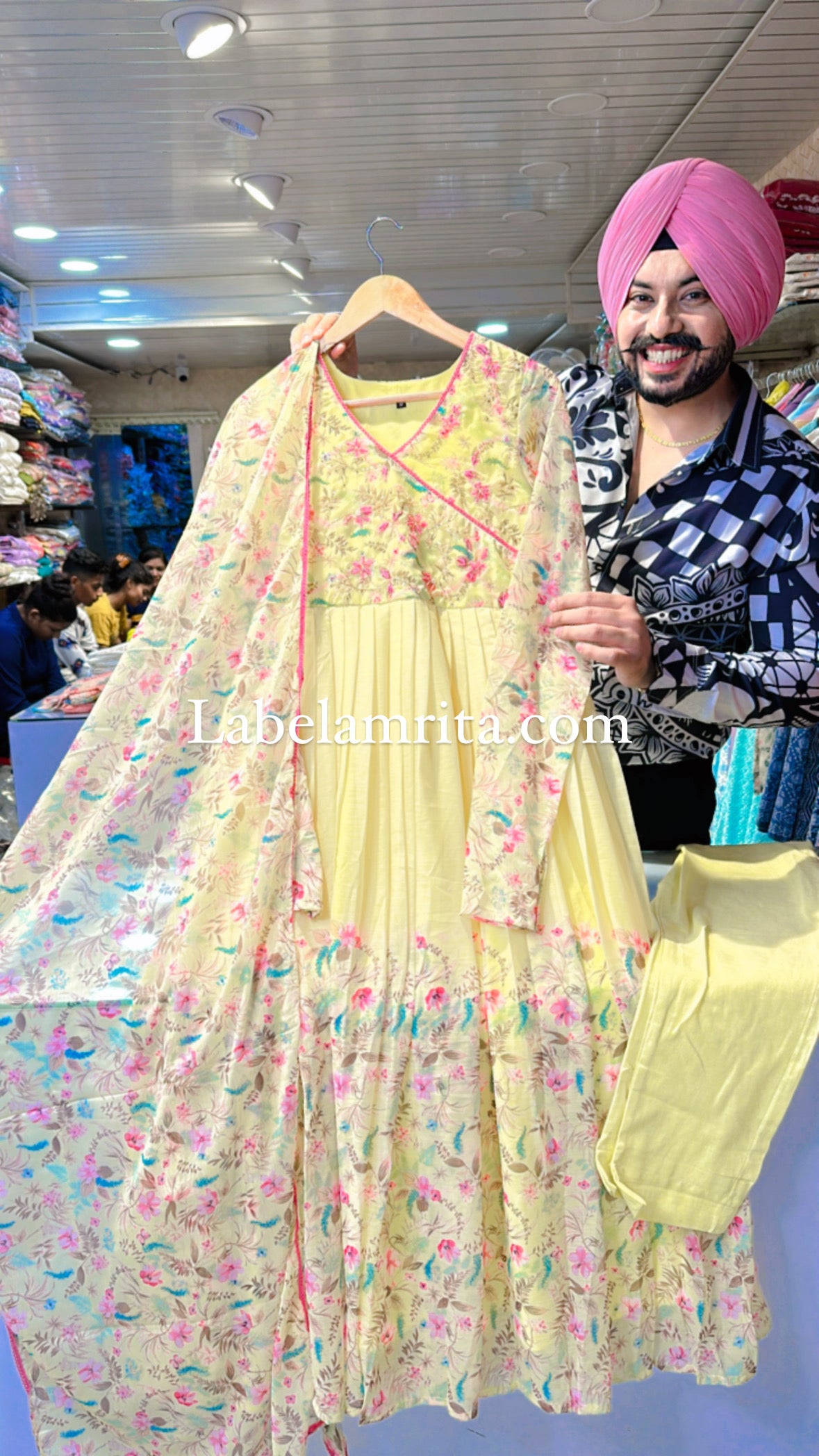 Lemon Chiffon Angrakha Anarkali suit with light Stole