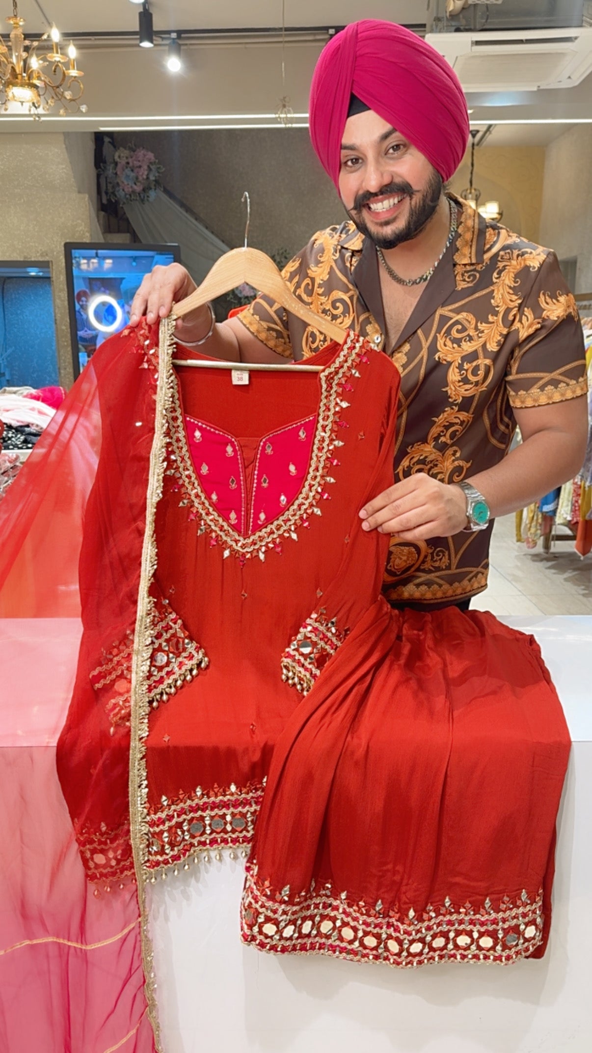 Deep Rust Chinon Heavy Mirror Work Sharara Set