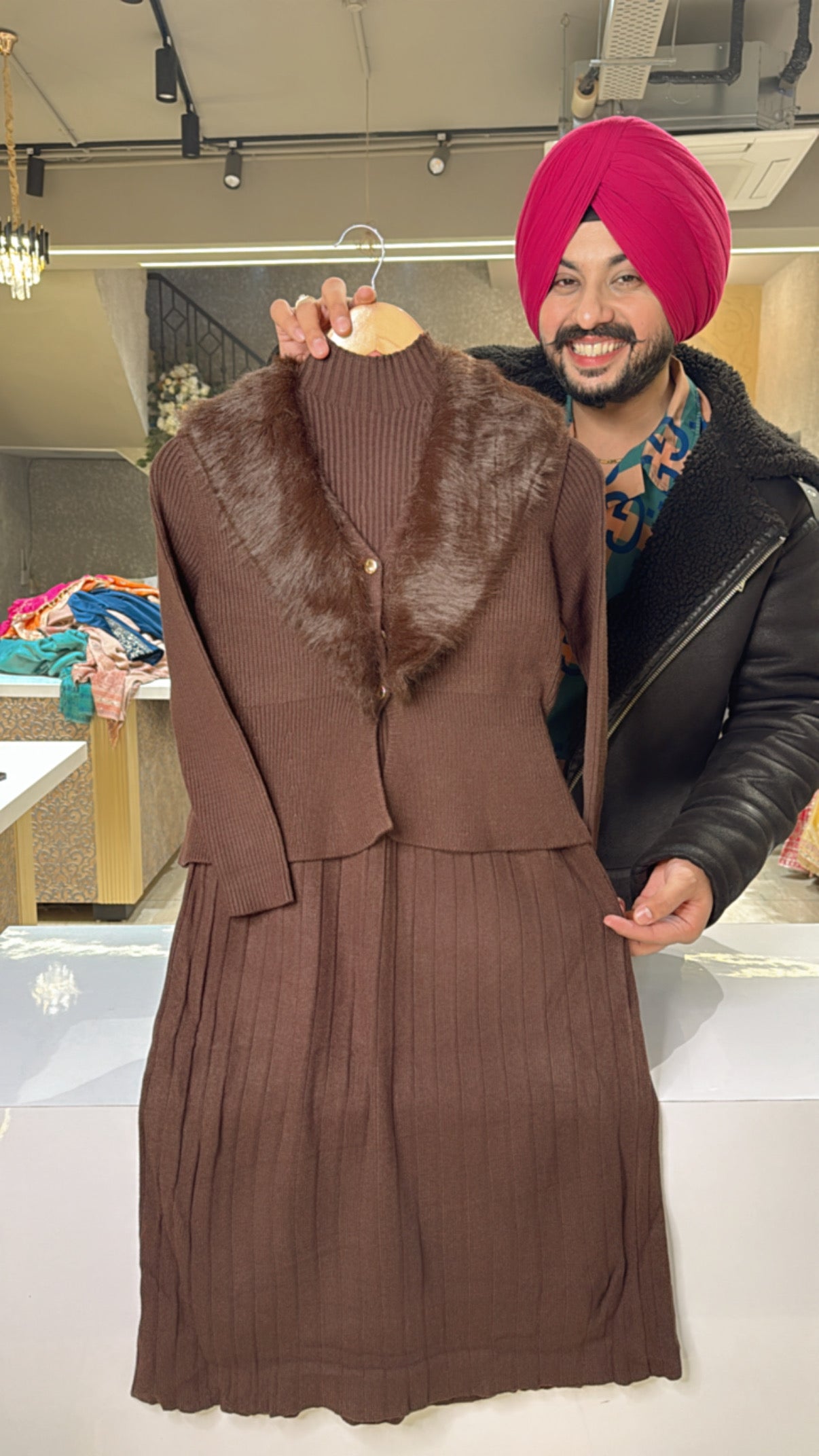 Brown Imported Strechable woolen Knee Length Dress with Woolen Furr jackets