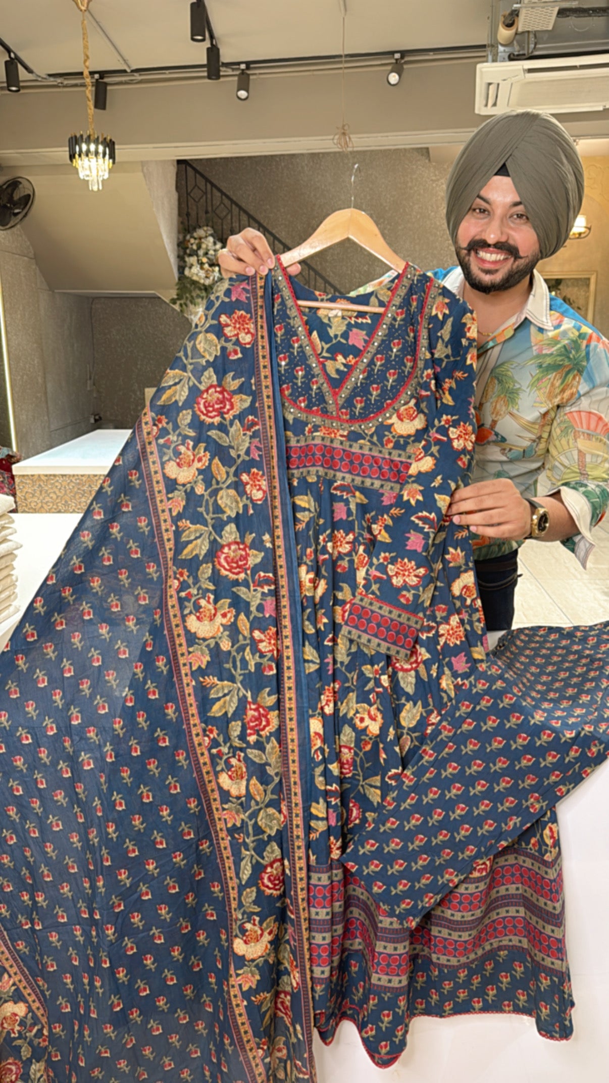Navy Blue pure Cotton Floral print Full Fliar Anarkali Suit with Beautiful Duppata