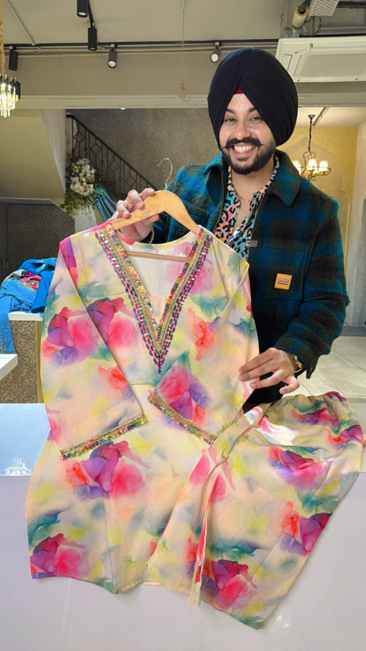 Multicolored Cotton Silk V-neck Coord set with Real Mirror work on neck