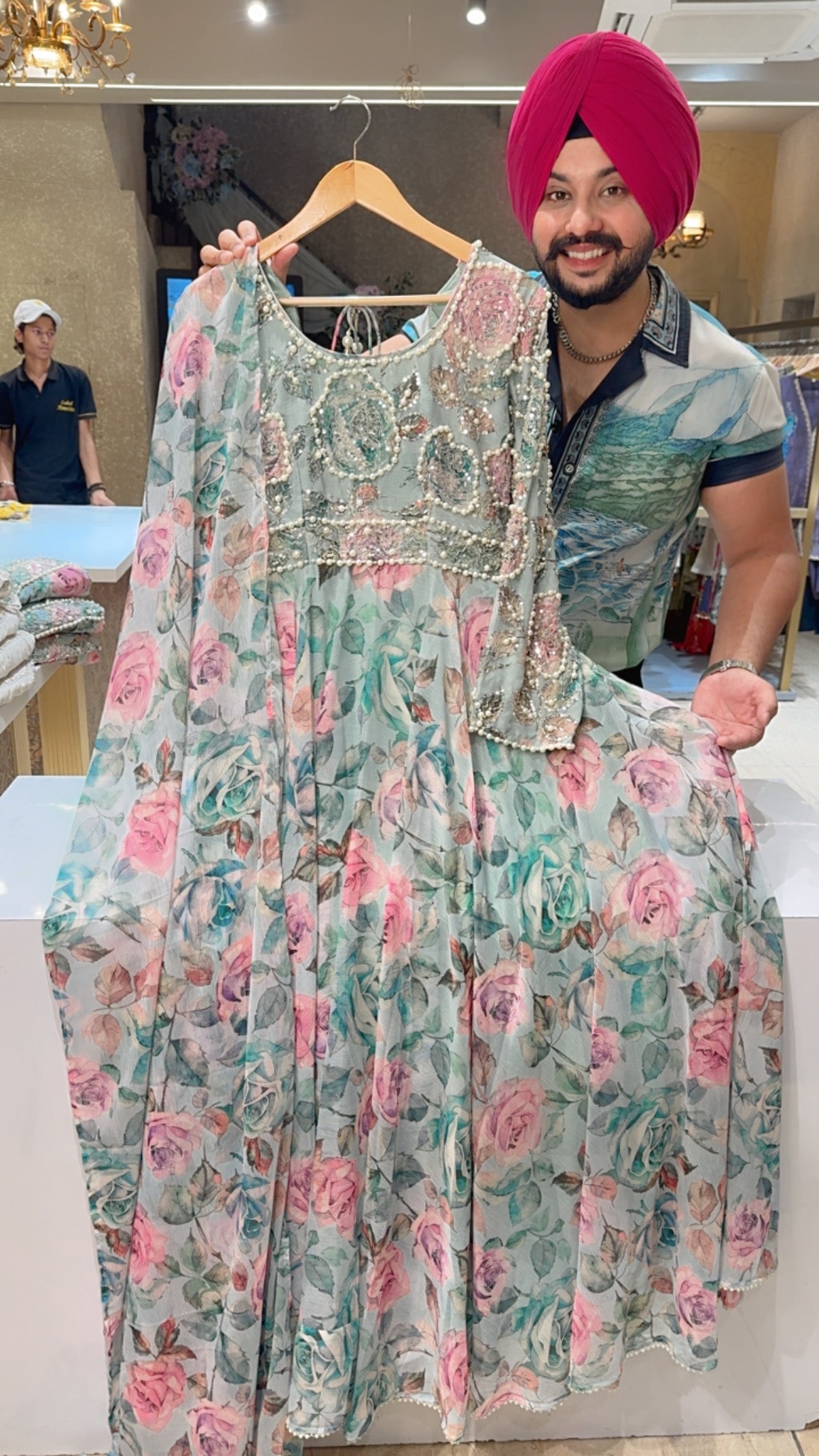 Sea Blue Floral Print Full Flair Party Wear Anarkali Gown With Heavy Pearl Hand work son Neck Sleeves & Back