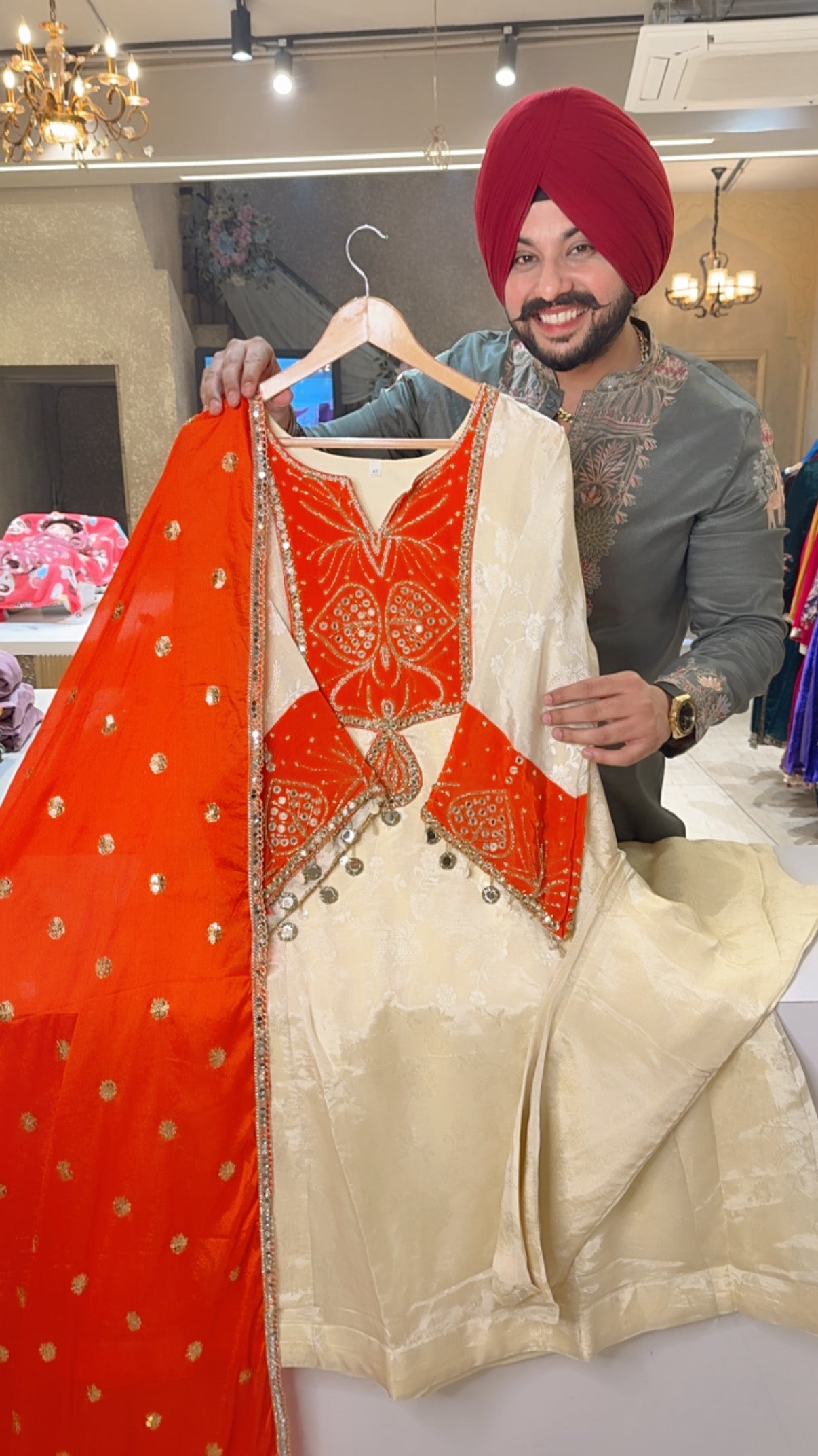 Orange Goldenish Cream Jaquard Silk Hand embroidered Bell Sleeves Anarkali Suit with Beautiful Chinon Sequins work Duppata
