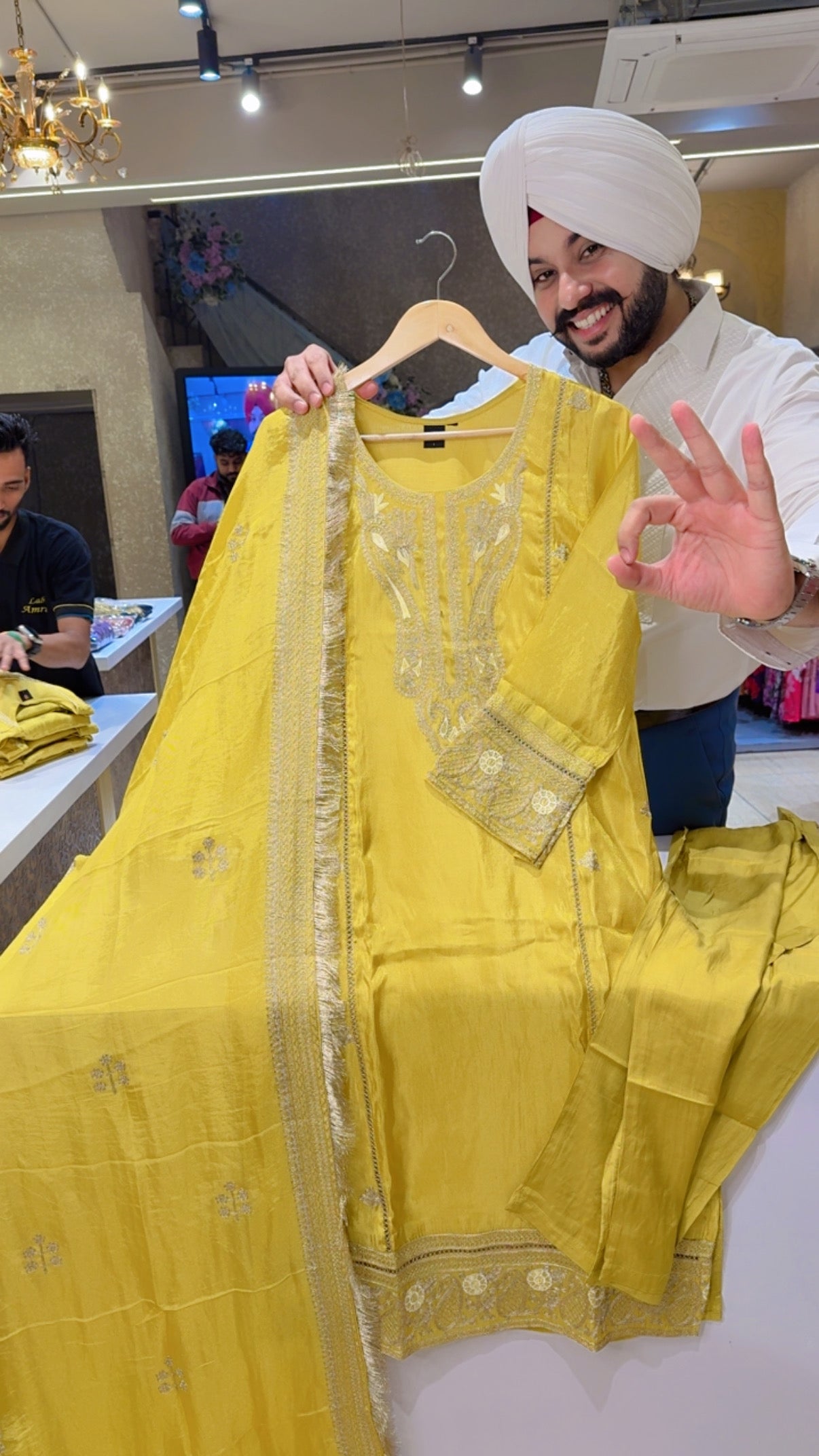 Yellow Shimmer Silk Heavy Embroidered Straight Suit with Beautiful Embroidered & Kiran Lace Duppata