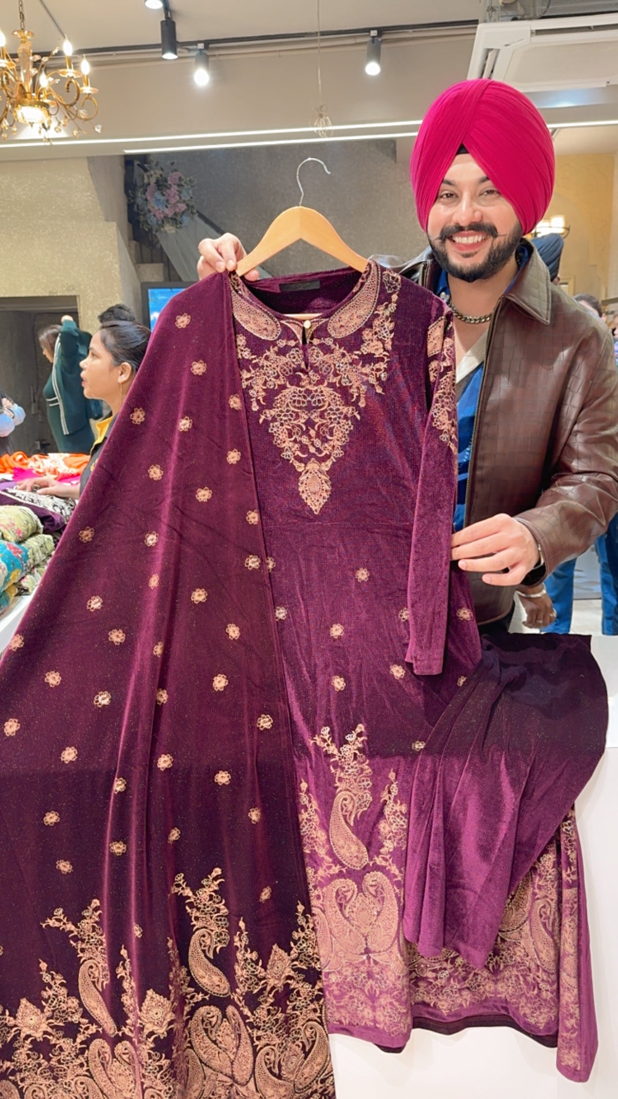 Dark Wine Strechable Velvet Heavy Printed Anarkali suit