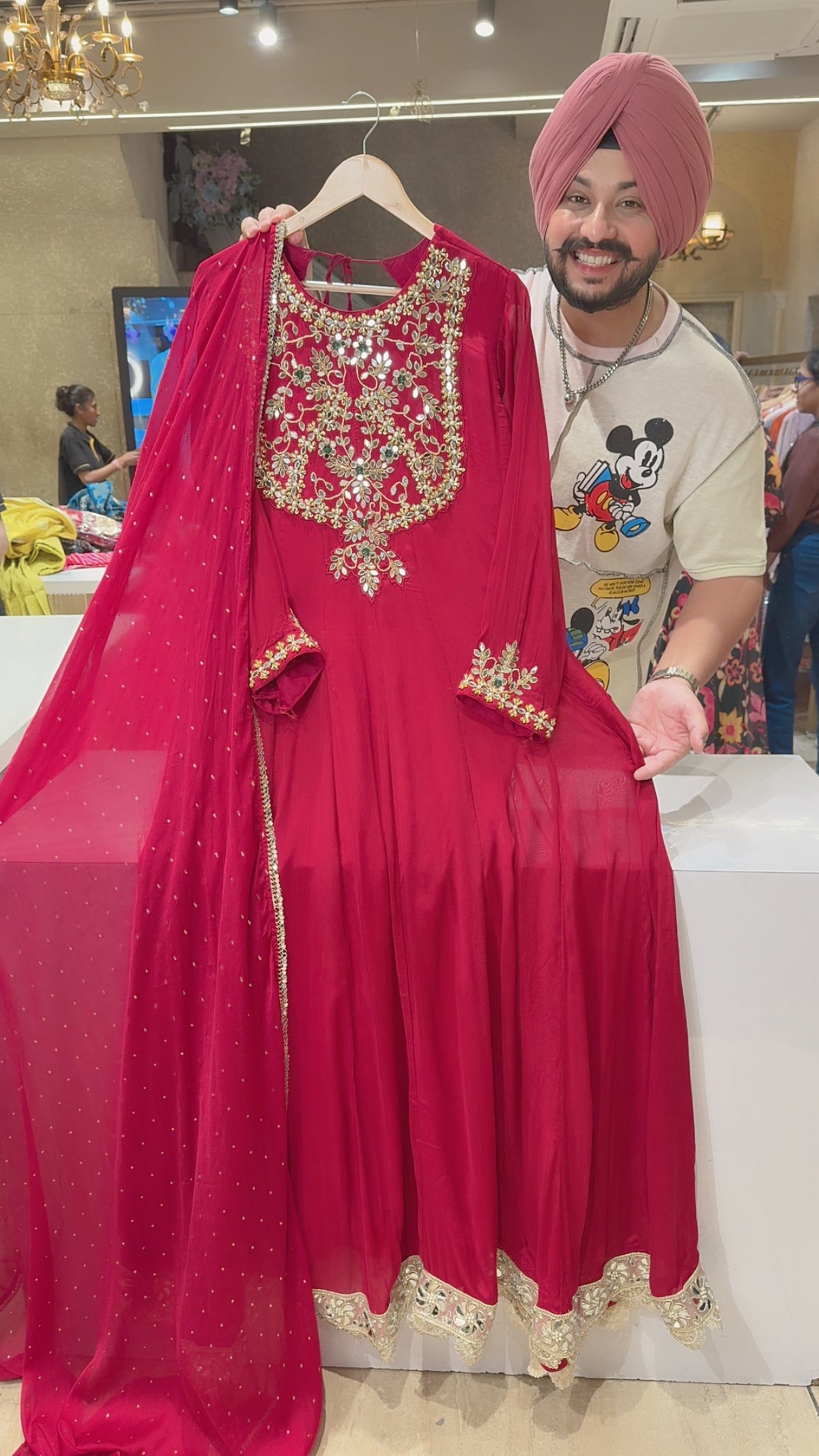 Deep Red Chinon Heavy Hand embroidered Full Flair Anarkali Gown With Beautiful Duppata