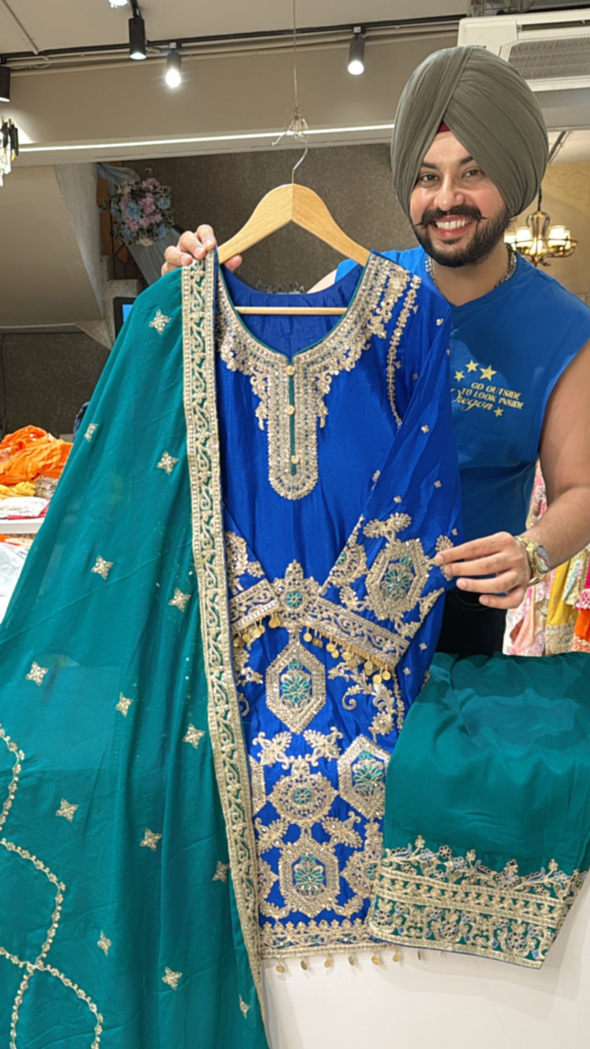 Royal Blue Chinon Heavy Embroidered Farshi Salwar Suit with Beautiful Duppata