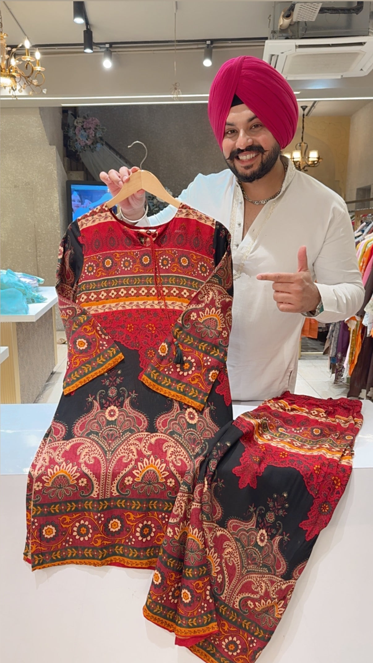 Red & Multicoloured Rayon Ajrak print Long Length Coord set