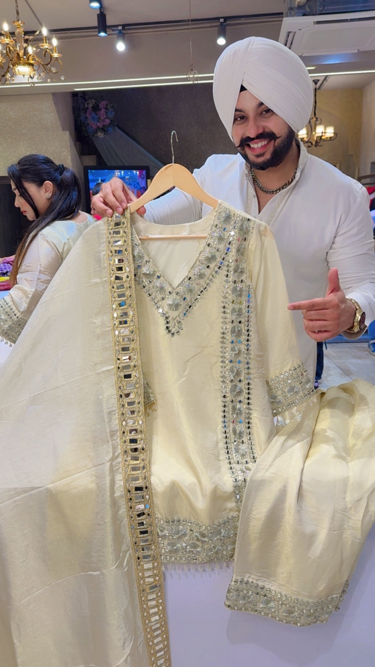 Ivory Colour Shimmer Silk Heavy Gotta & Farshi Salwar Suit with Beautiful Mirror Work Duppata