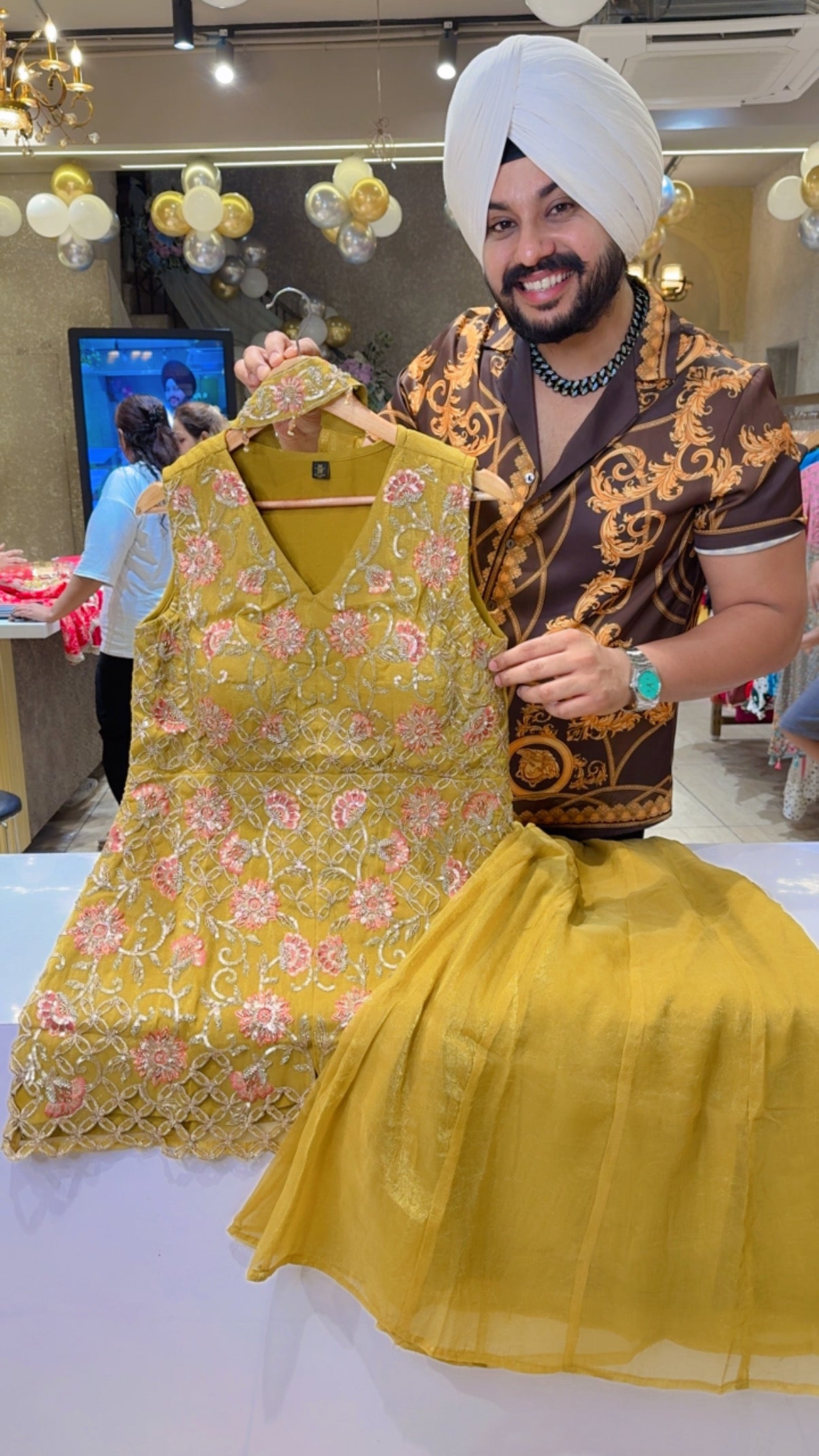 Mustard Yellow Fully Embroidered Cut Sleeves Paplum Sharara suit with Neclace Duppata