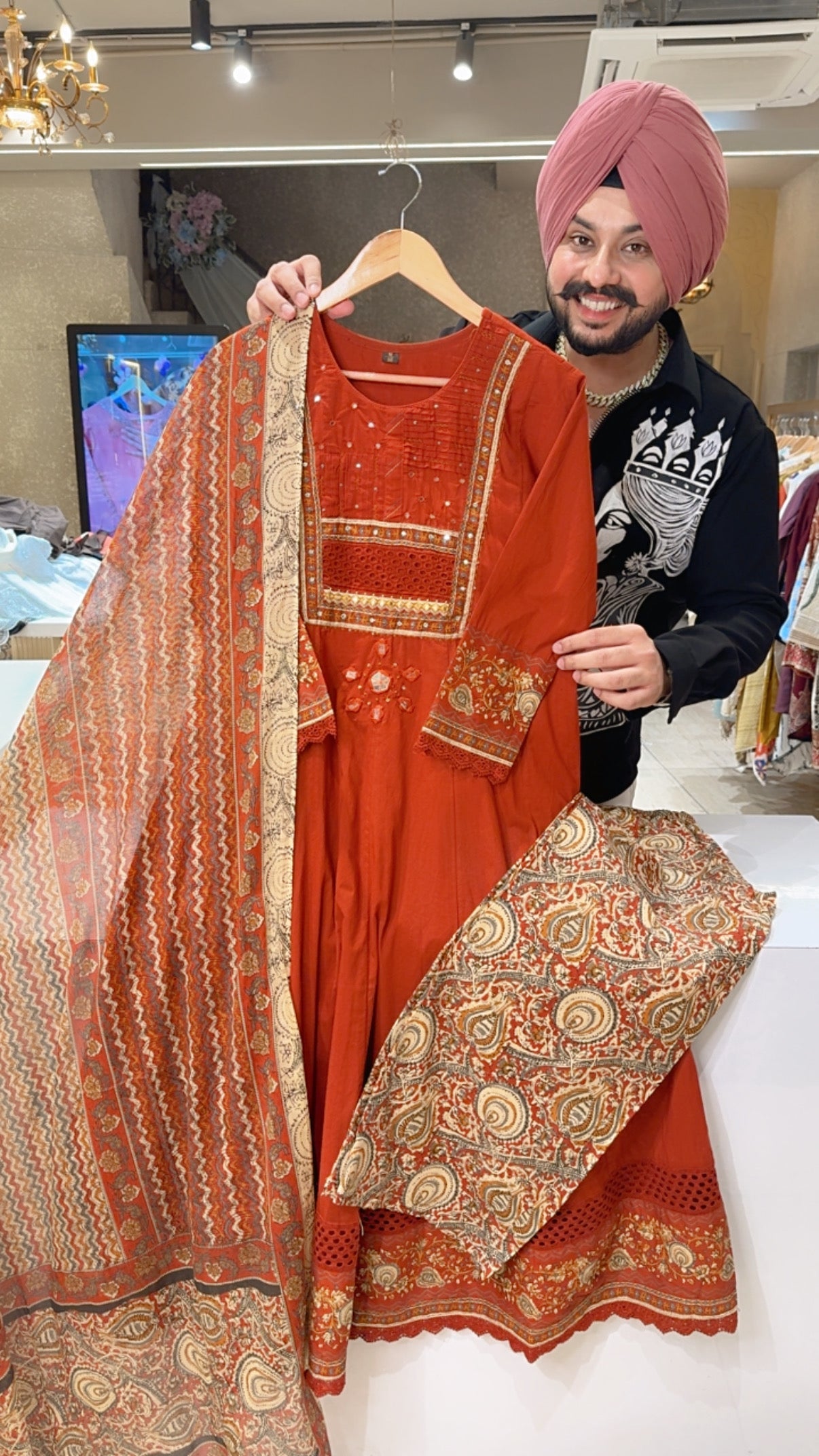 Rust Cotton Full flair Light Party wear Anarkali Suut with Beautiful Shifli work on it