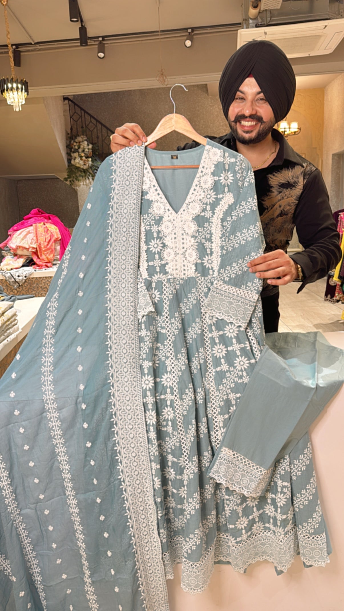 Sea Blue Pure Mal Cotton Fully embroidered Anarkali Suit with Beautiful embroidered Mal Cotton Duppata