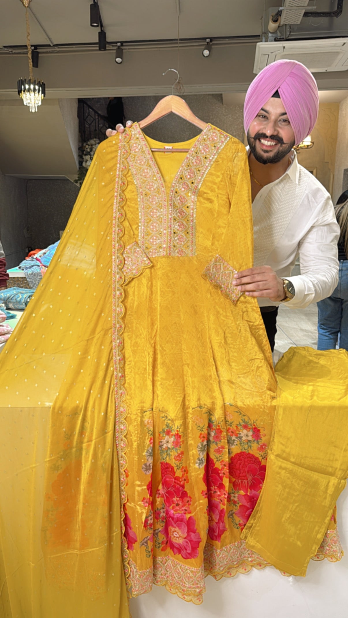 Yellow Chinon Floral Print Full Flair embroidered Full Flair Anarkali suit with beautiful Duppata