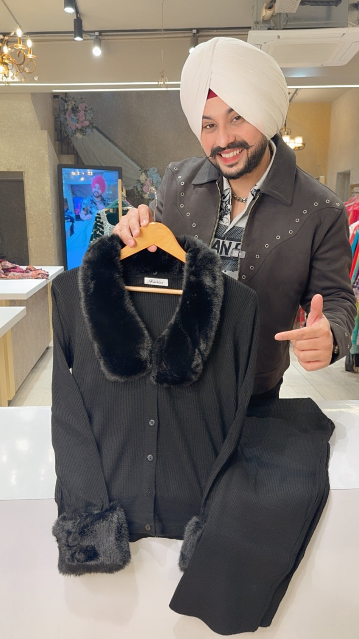 Black Imported Woolen Western Coord set with Stylish Furr on Neck & sleeves