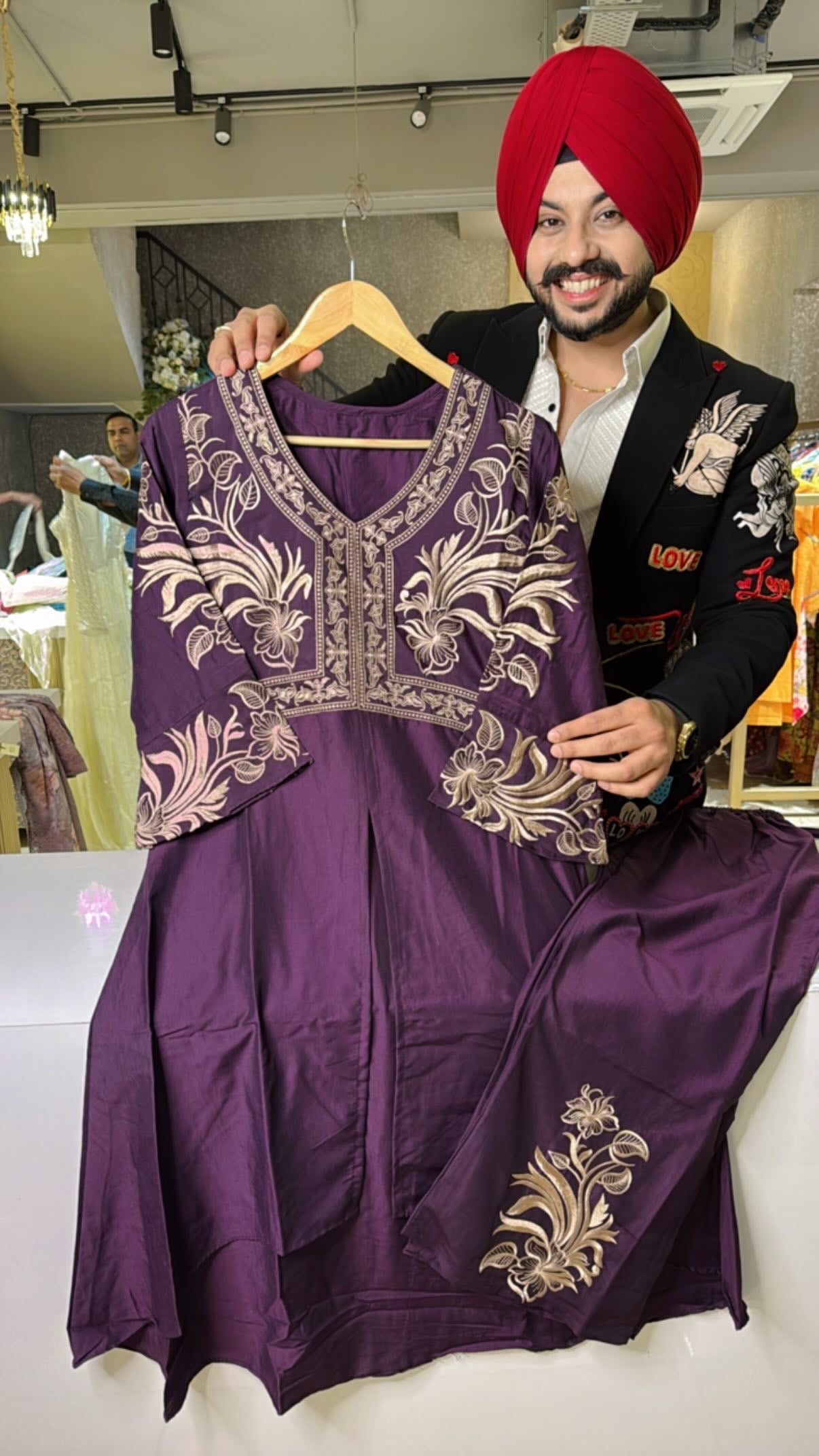 Wine Heavy Embroidered Front Slit High low Coord set in imported Fabric
