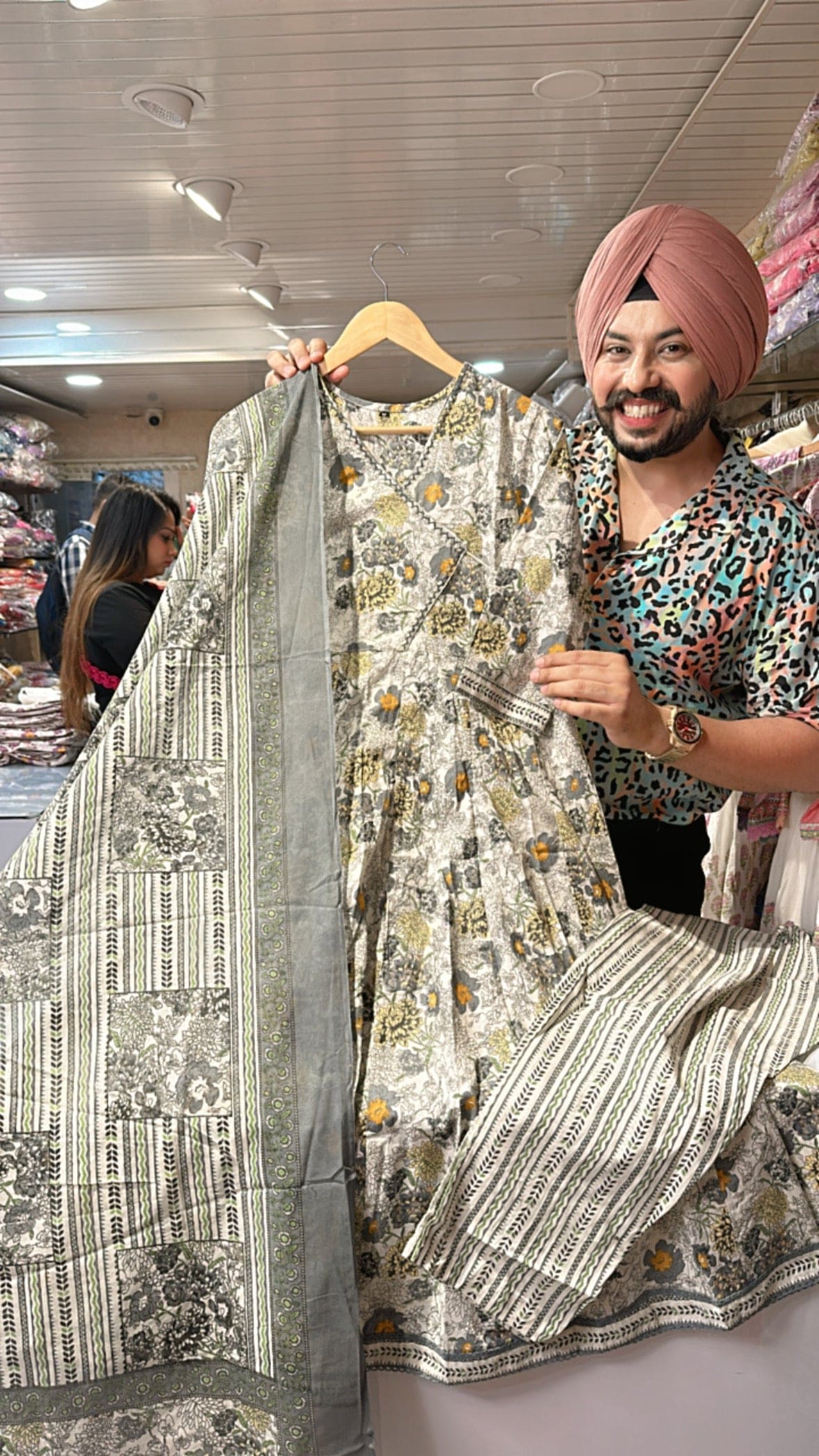 Moonwhite & Grey Pure Cotton Angrakha Anarkali suit