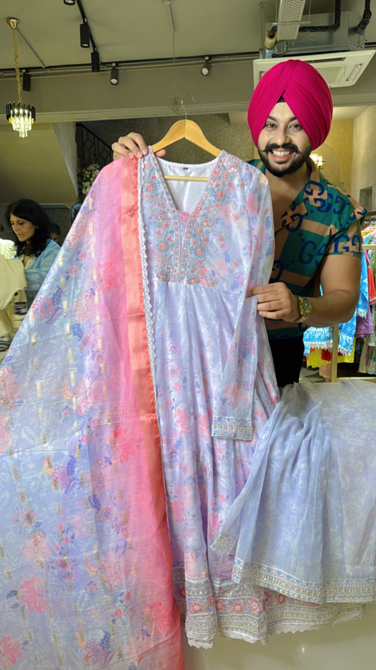 Light Lavender Shimmer Organza Sharara Anarkali suit with Beautiful Embroidery work on neck