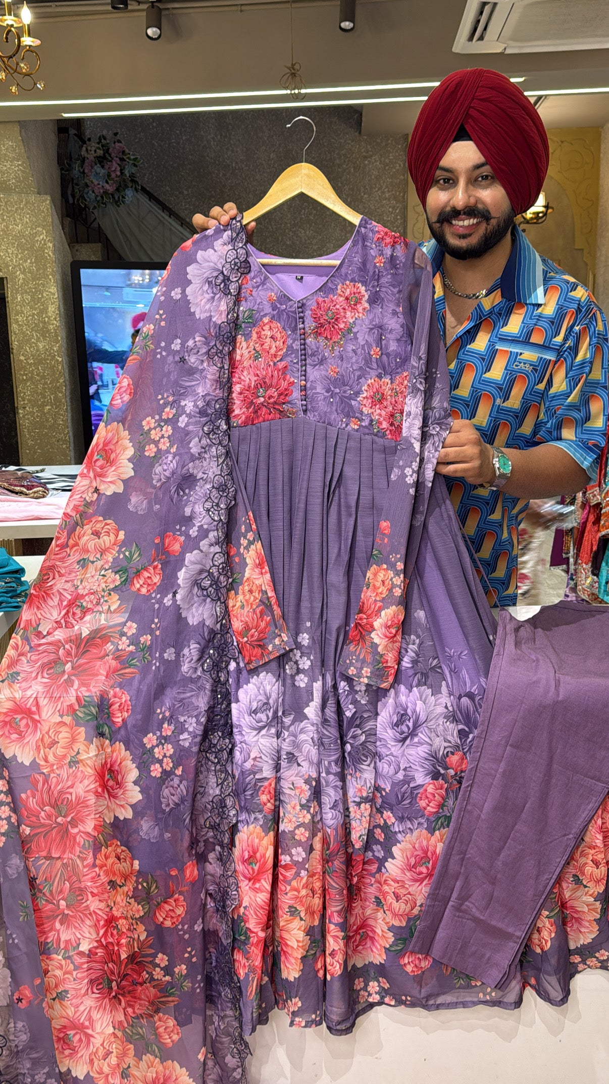 English Purple Chiffon Full Flair Floral Print Anarkali Suit with Beautiful Hand embroidery Work on neck & Sequins Work Organza Duppata