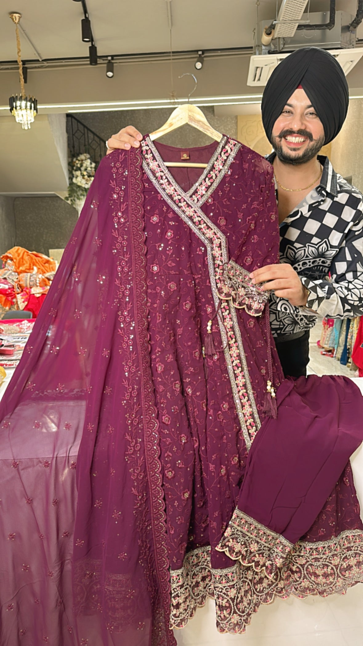 Wine Georgette Fully embroidered Angrakha Anarkali suit with Beauti