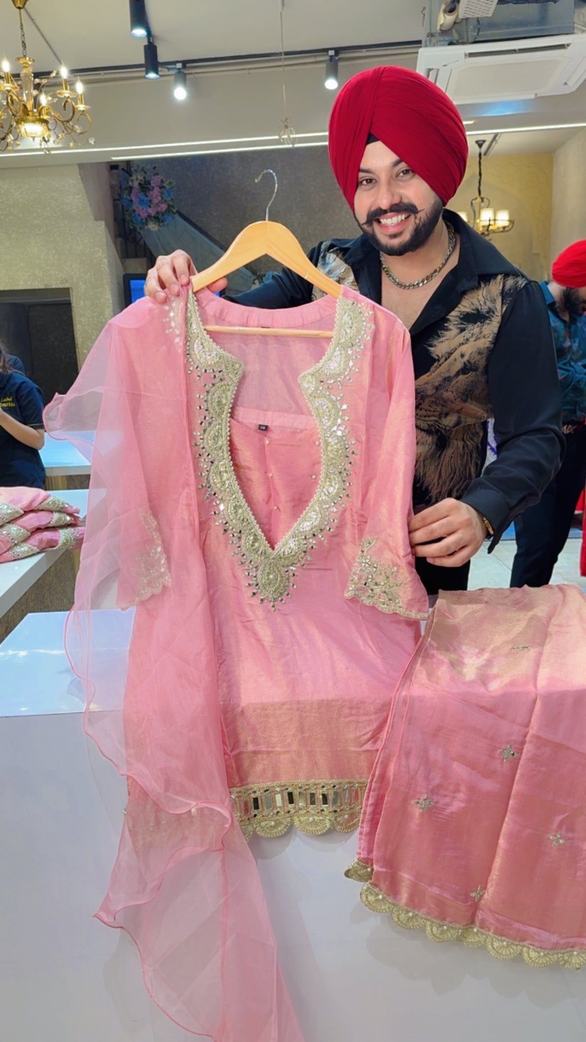 Pastel pink Shimmer Silk Heavy Embroidered Indowestern Set with Stylish Bustier & Frill Duppata