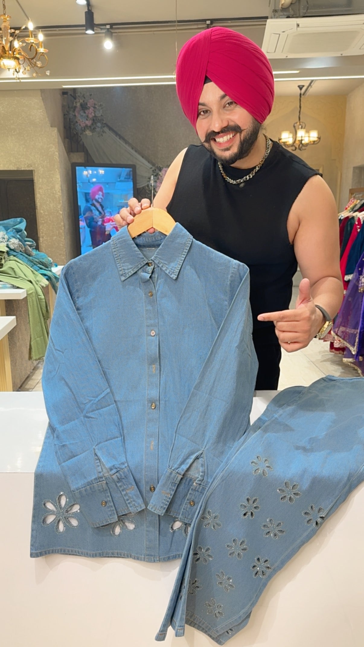 Light Blue Soft Denim Designer Coord sets with Swarovski & Cut Work on it