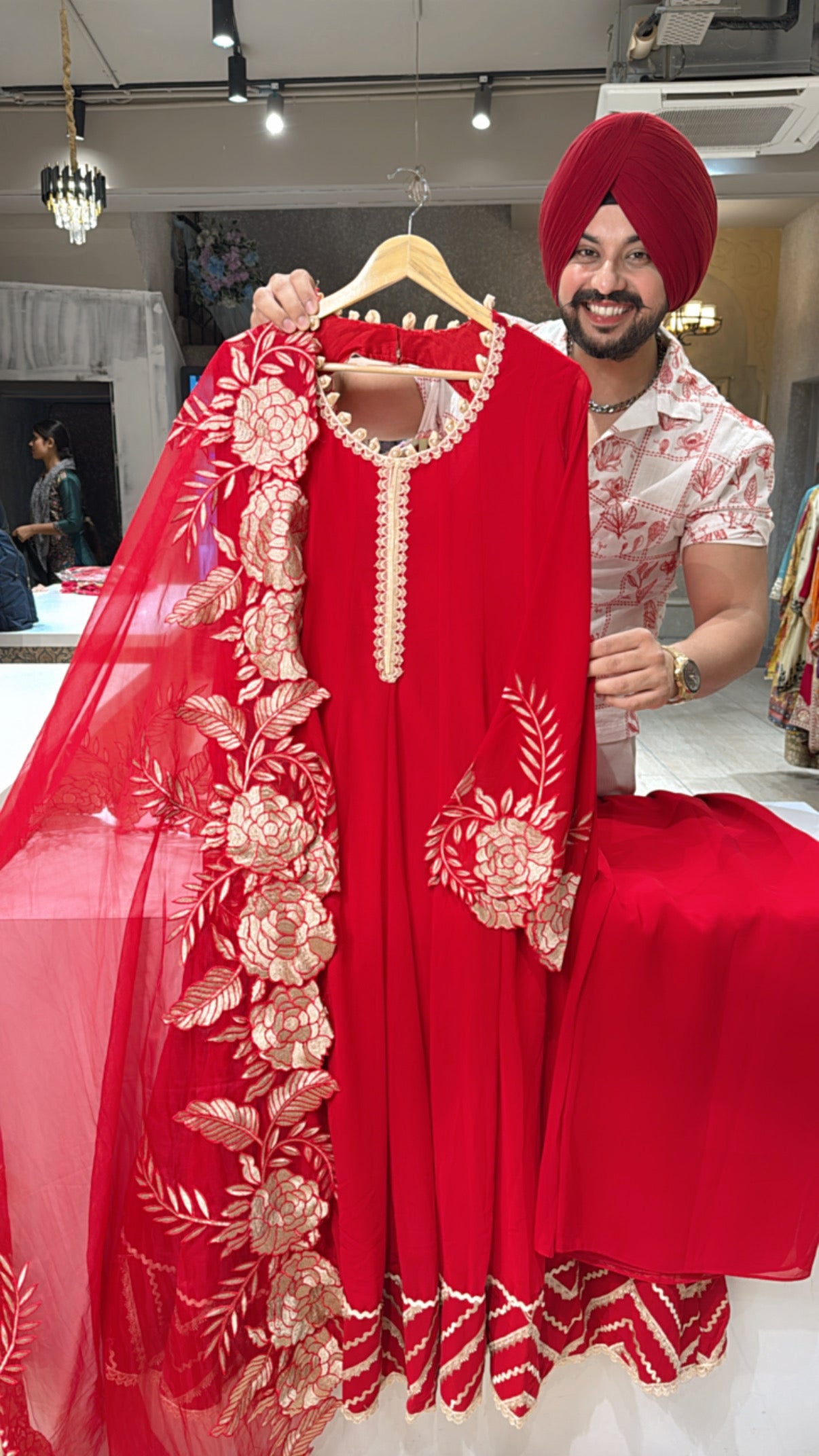 Rose Red Georgette Designer Backless Anarkali suit with Heavy Embroidery Work on Sleeves & Organza Duppata