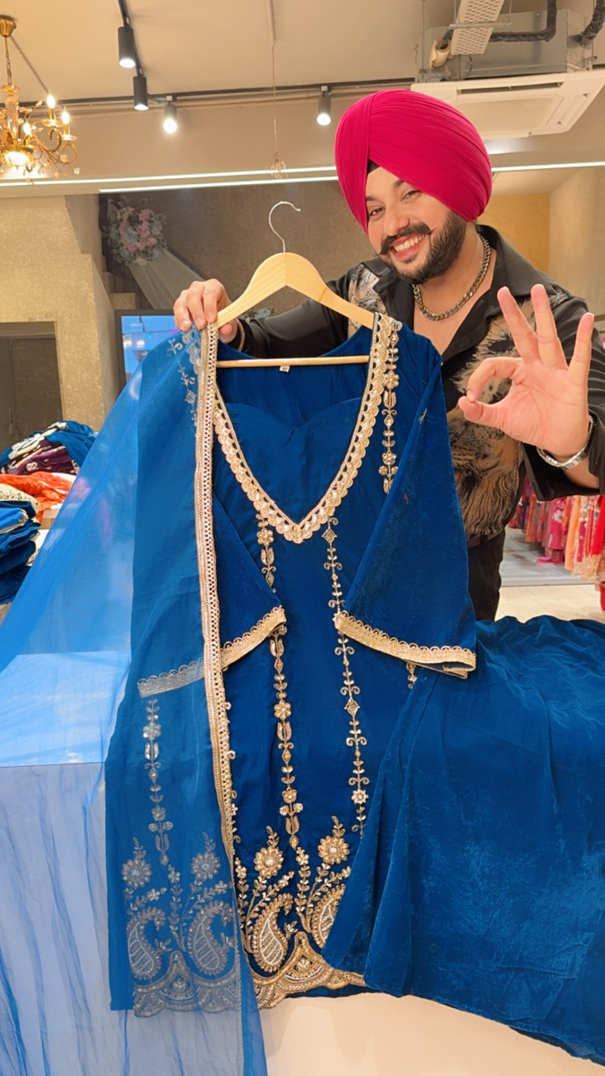 Royal Blue Velvet Heavy hand Embroidered Indowestern Plazo suit with Beautiful Organza Duppata