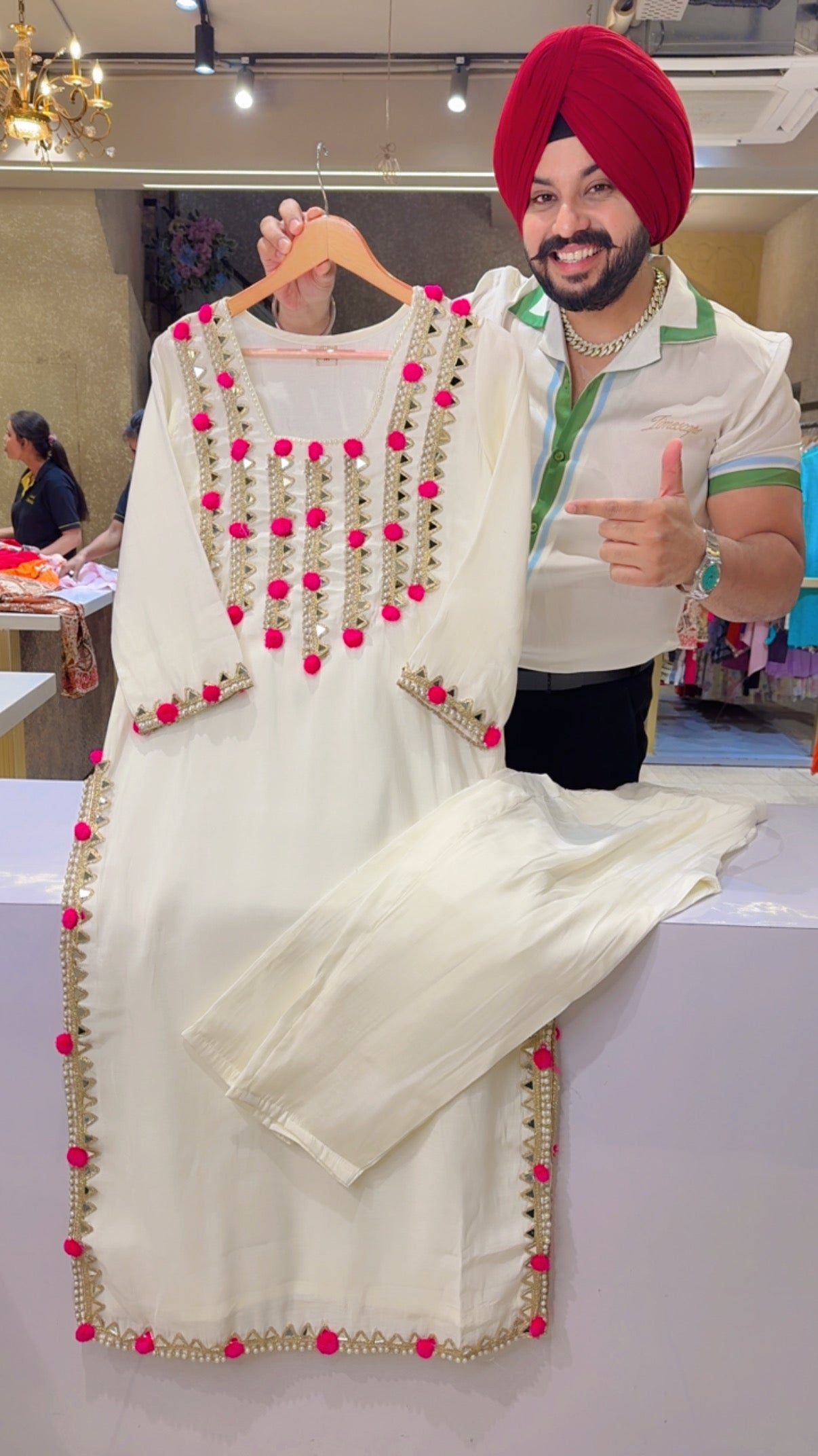 Moon White Mal Chanderi Heavy Pearl ,Mirror & Pom Pom Long Length Party wear Coord set