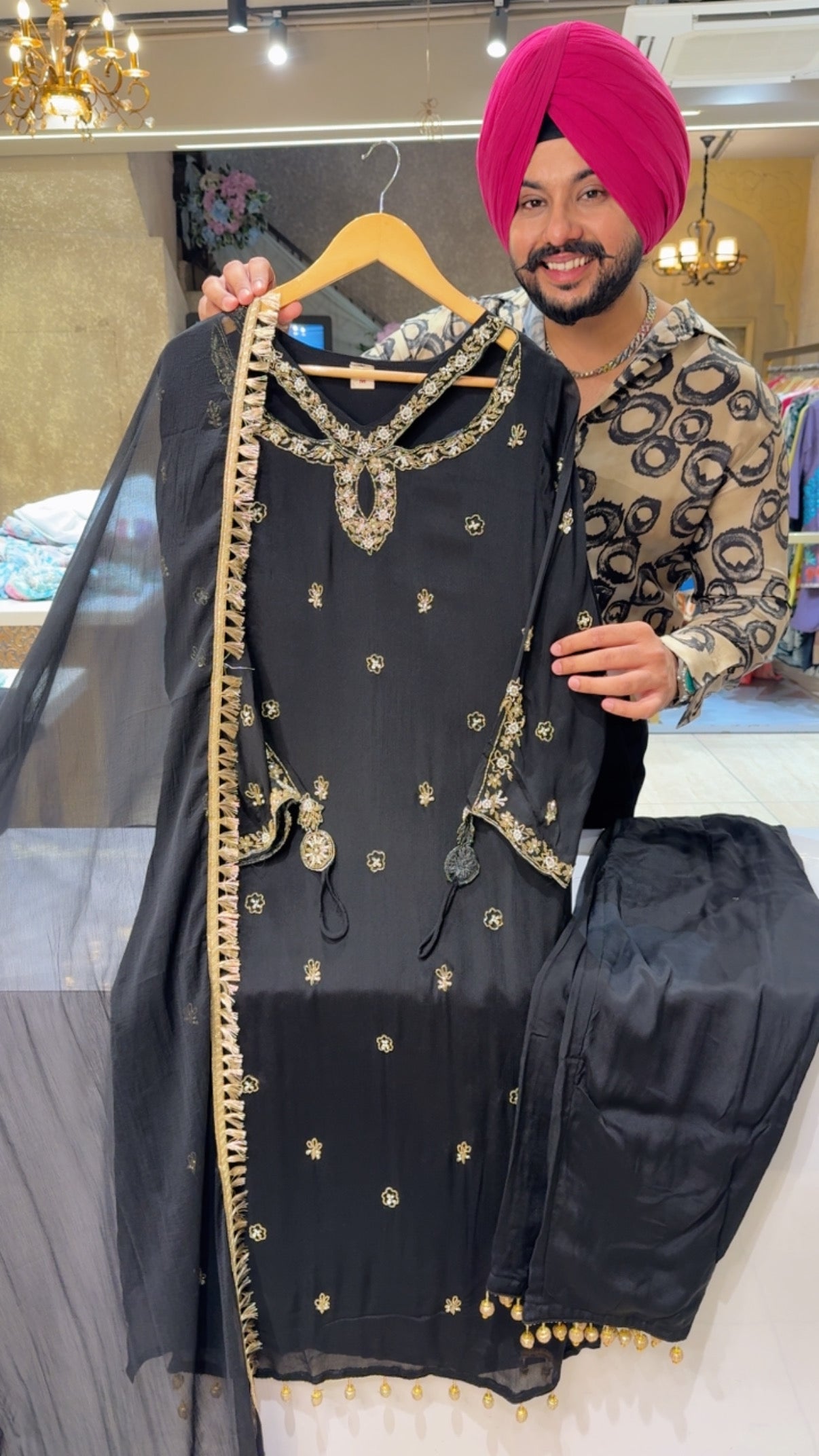 Black Chinon Heavy Handwork Designer Neck & Ring Straight suit with Beautiful Duppata