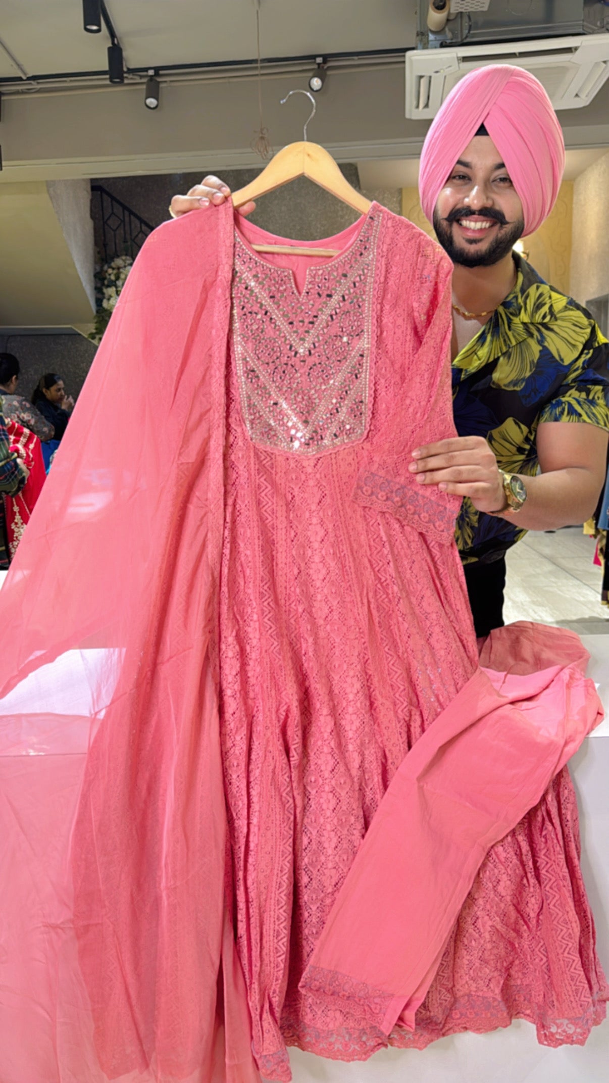 Gajri Pink Crochet Lace Full Flair Anarkali with Beautiful Mirror work on neck & Soft organza Duppata