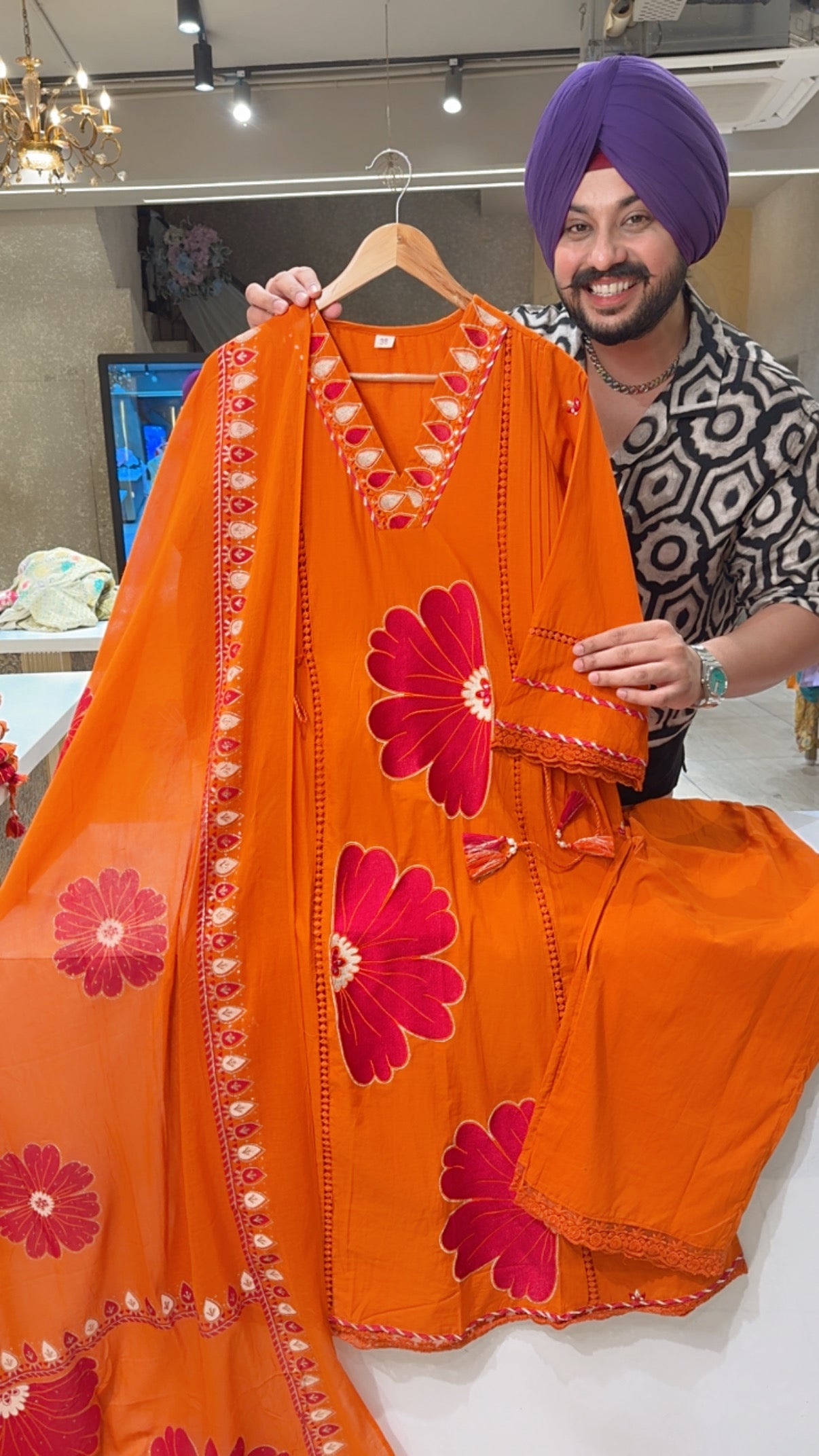 Orange Pure Cotton Floral Embroidered Side knot Semi Formal Suit with Beautiful Hand painted Duppata