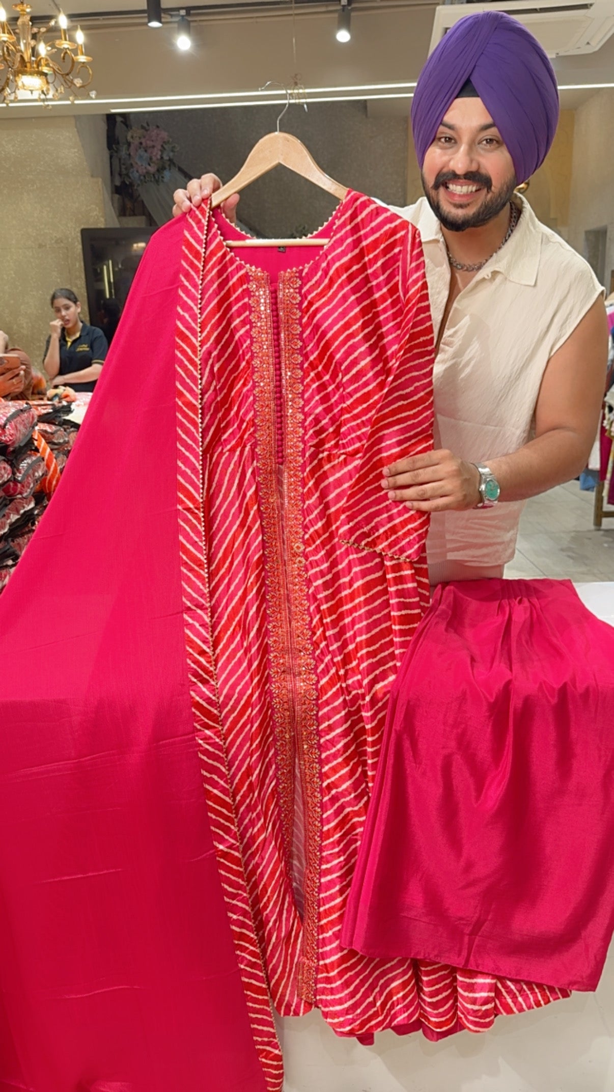 Hot Pink Lehriya print padded Front Slit Sequins Work Anarkali Suit with Front Pleated Plazo